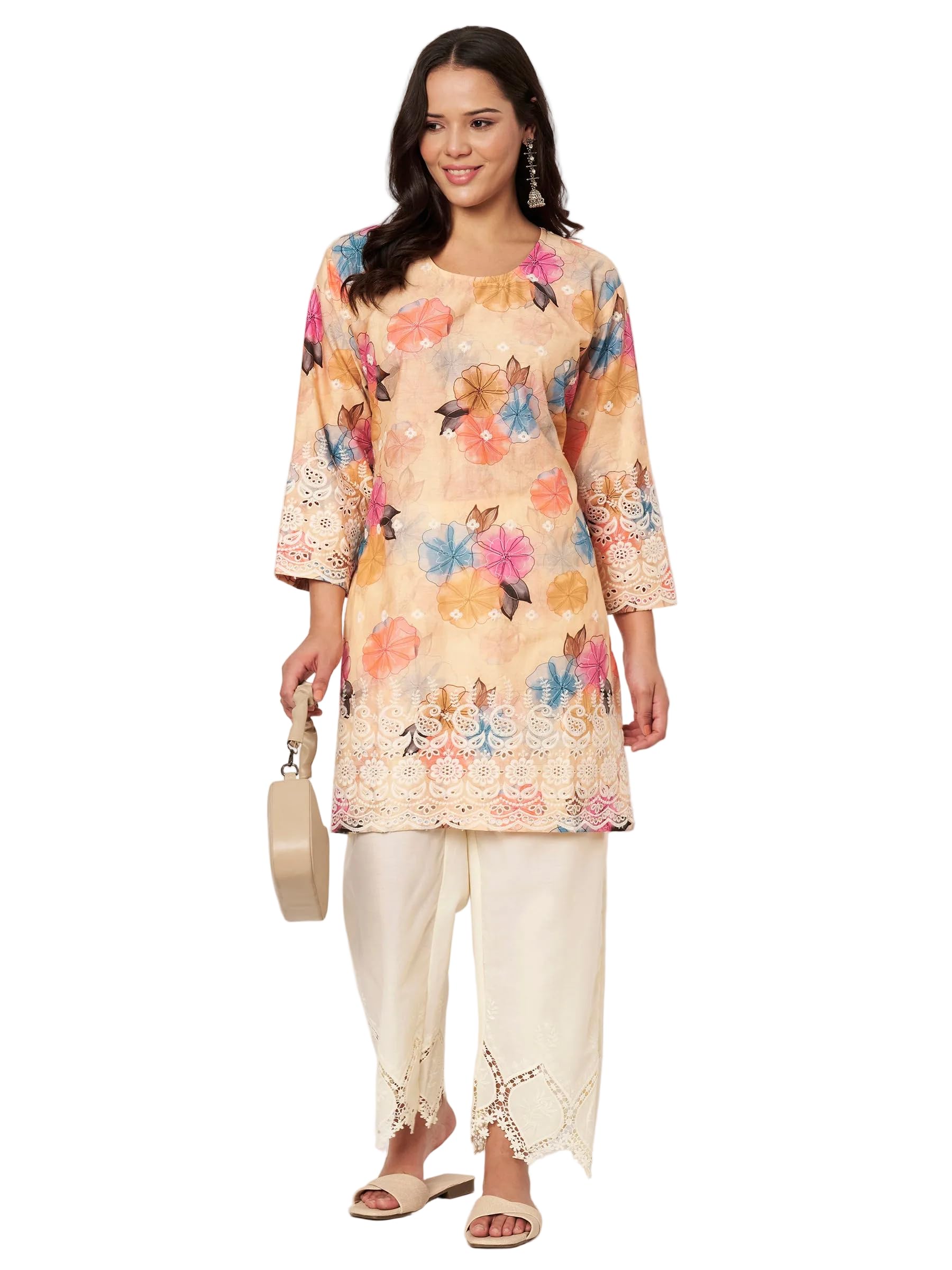 Women's Mustard Embroidered Co-ord Set With Cream Embroidered Palazzo & Round Neck Collar-image-10