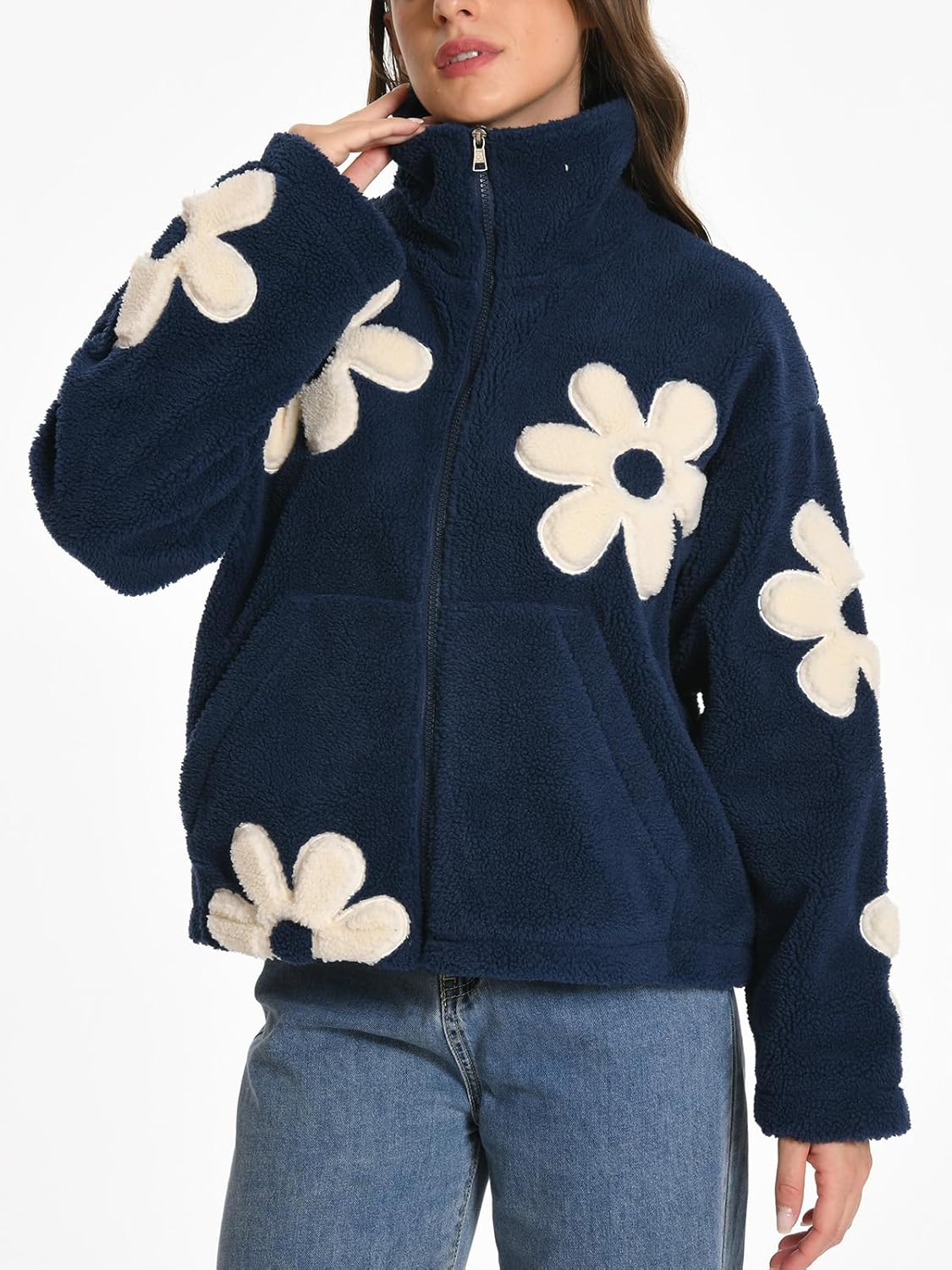 HOULENGS Women's Floral Print Sherpa Fleece Jackets Casual Long Sleeve Zipper Cropped Coat Winter Outwear with Pockets - Image 3