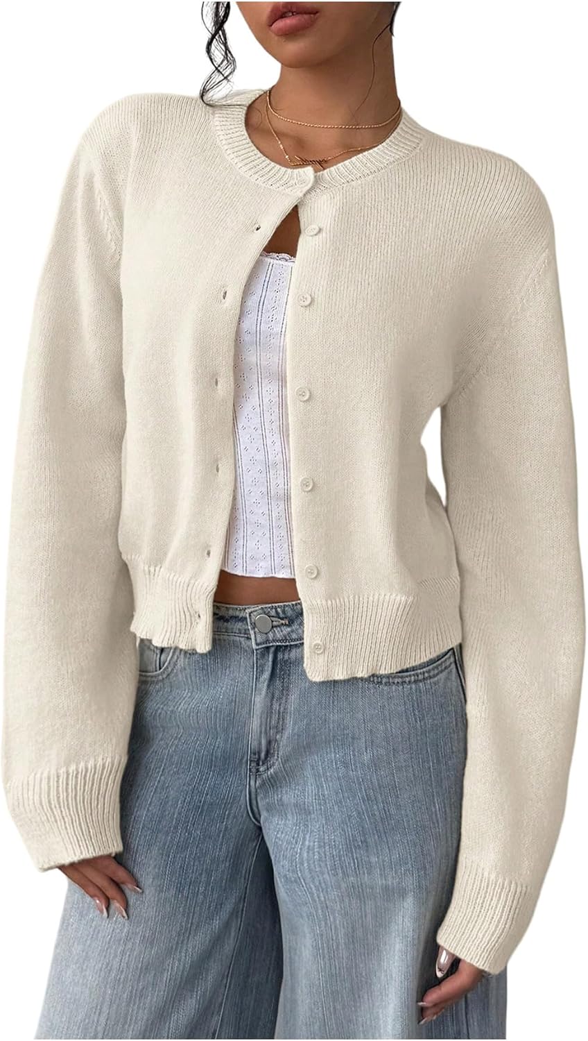SOLY HUX Women's Button Down Long Sleeve Crewneck Crop Cardigan Sweater Cute Knitwear Clothes