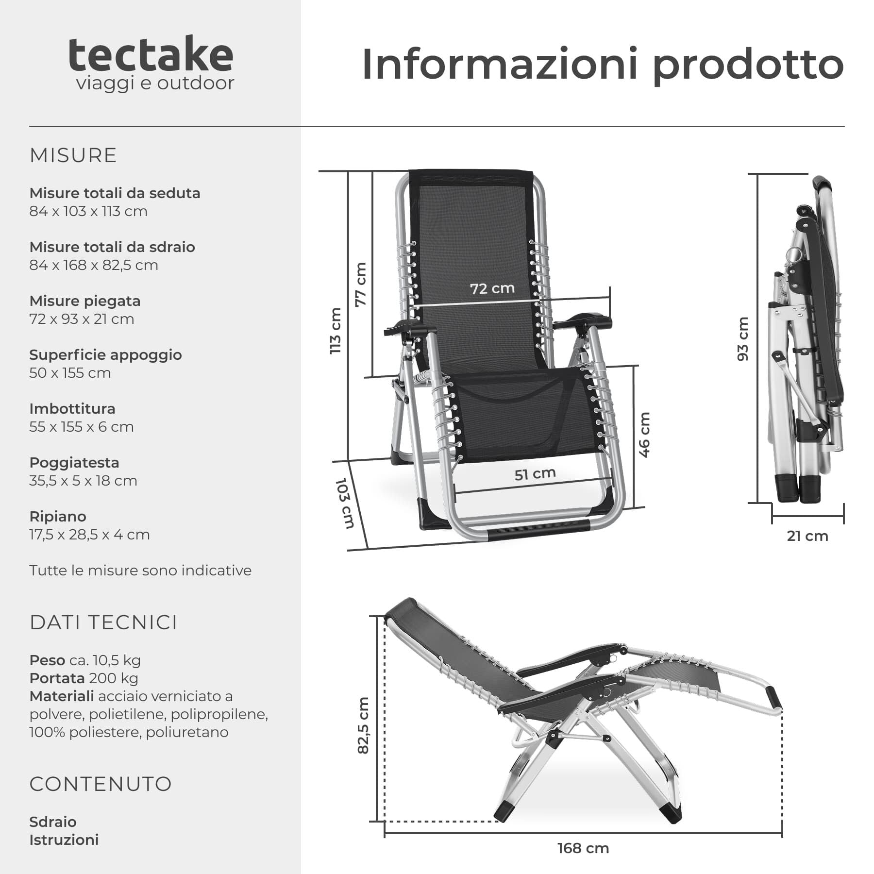 Tectake Sdraio da Giardino Lettino Prendisole Richiudibile con Cuscino Poggiatesta Grigio Chiaro