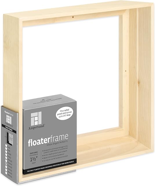 Ampersand Floaterframe Readymade Frame for Flat and 1 1/2" Deep Wood Panel and Canvas Artwork, Paintings, Prints, and More, 12"x12", Maple Thin