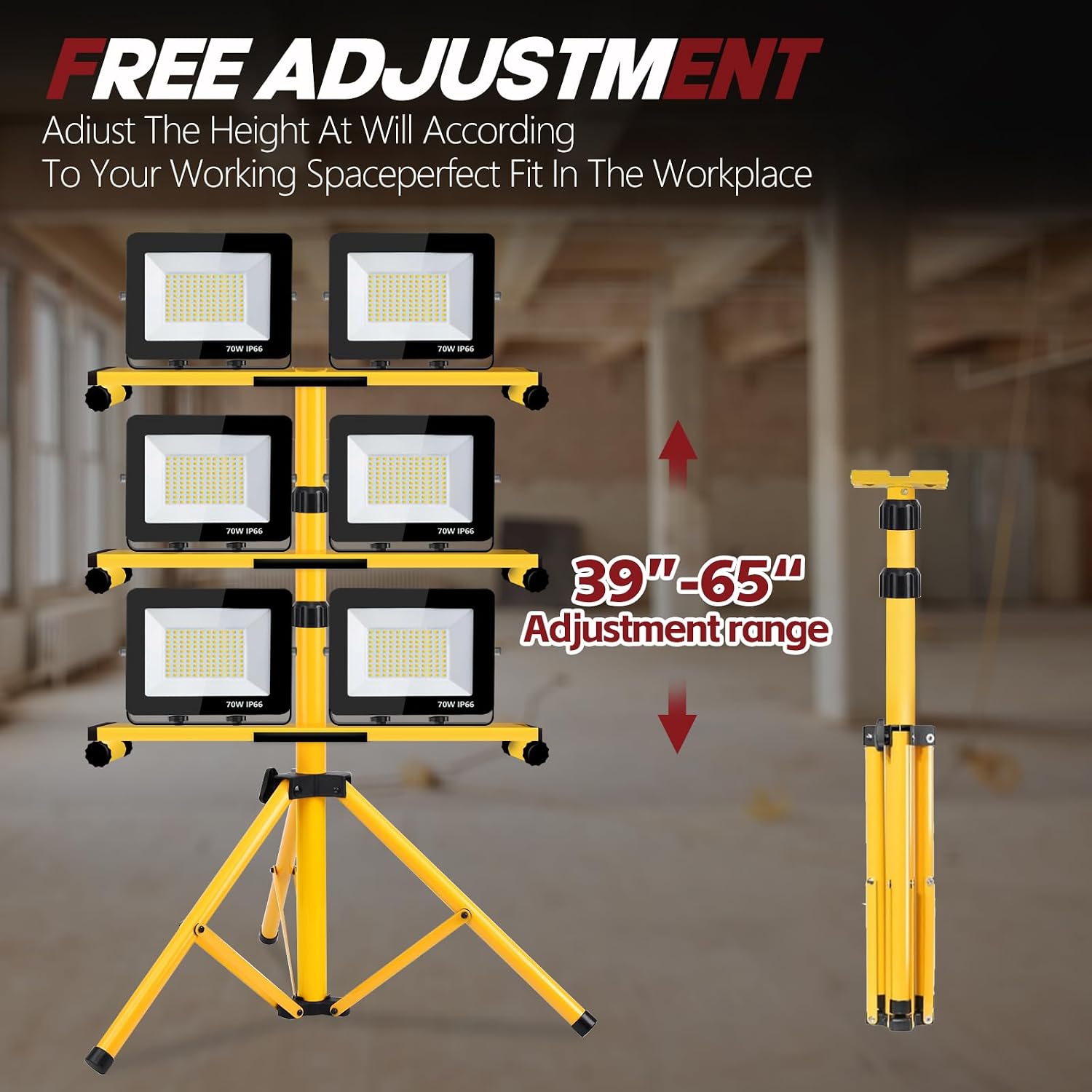 22000 Lumen Work Lights with Stand, 3 Adjustable Head LED Work Light, with Adjustable and Foldable Tripod Stand, Waterproof Lamp with Individual Switch with 6500 Kelvin Color （3head Yellow）