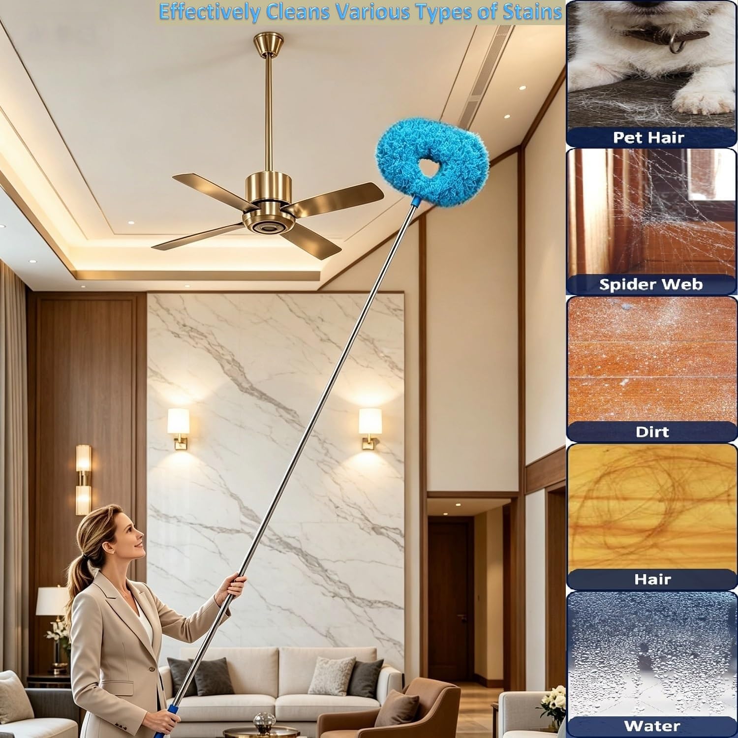 Ceiling Fan Cleaner Duster 64.15" Adjustable Washable Reusable Microfiber | Made of soft microfiber plush,this ceiling fan duster head picks up dust excellently and cleans fan blades Ladderless
