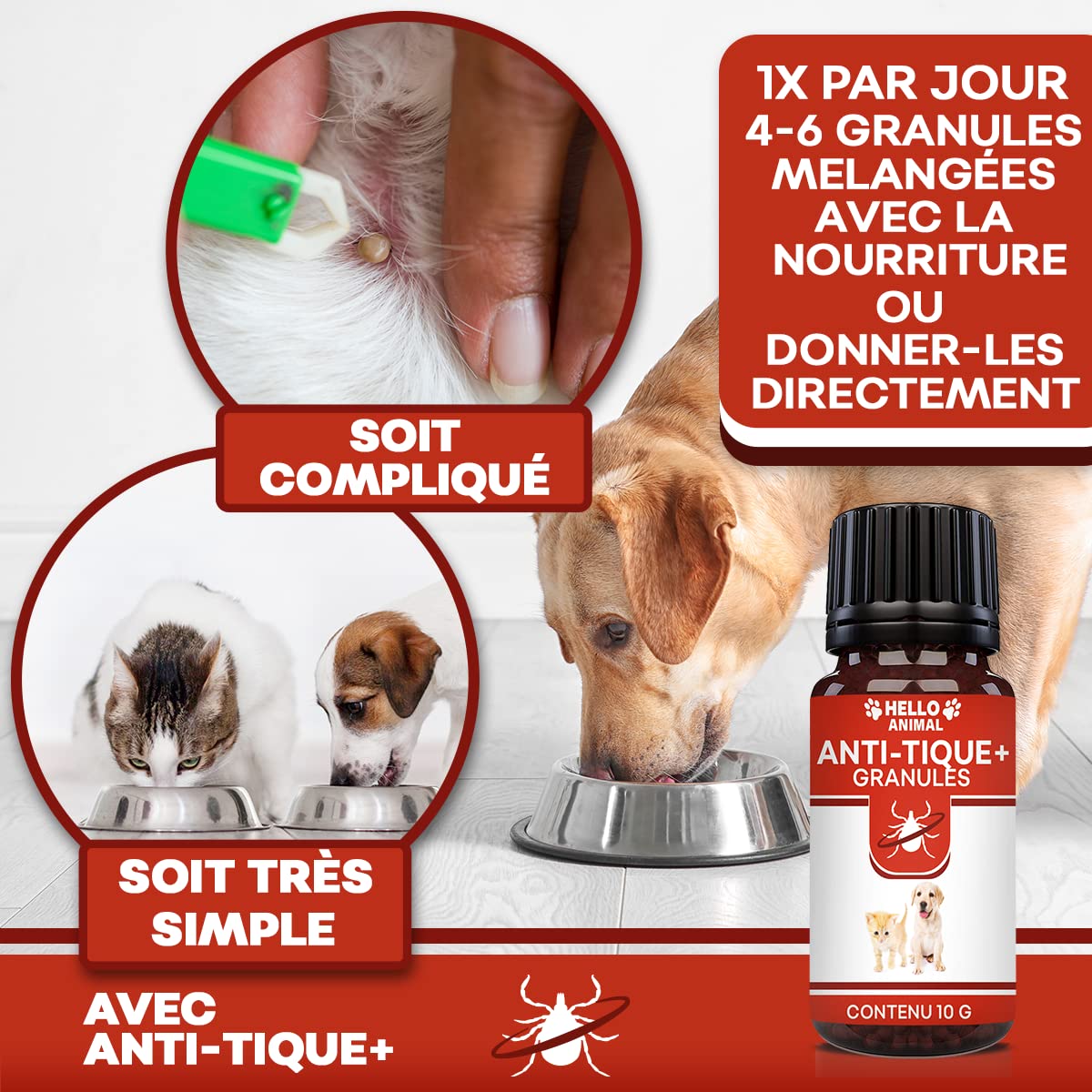 Nouveau : HelloAnimal® Anti-Tique granules – pour Chien et Chat Contre tiques avec Effet immédiat – Traitement Naturelle pour Votre Animal Domestique – Protection Efficace, 10g