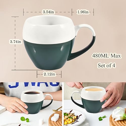 Miniatura 5 de Ursword Half Glaze - Juego de 4 tazas de café de cerámica, aptas para lavavajillas, 16.2 fl oz, color blanco y verde negruzco