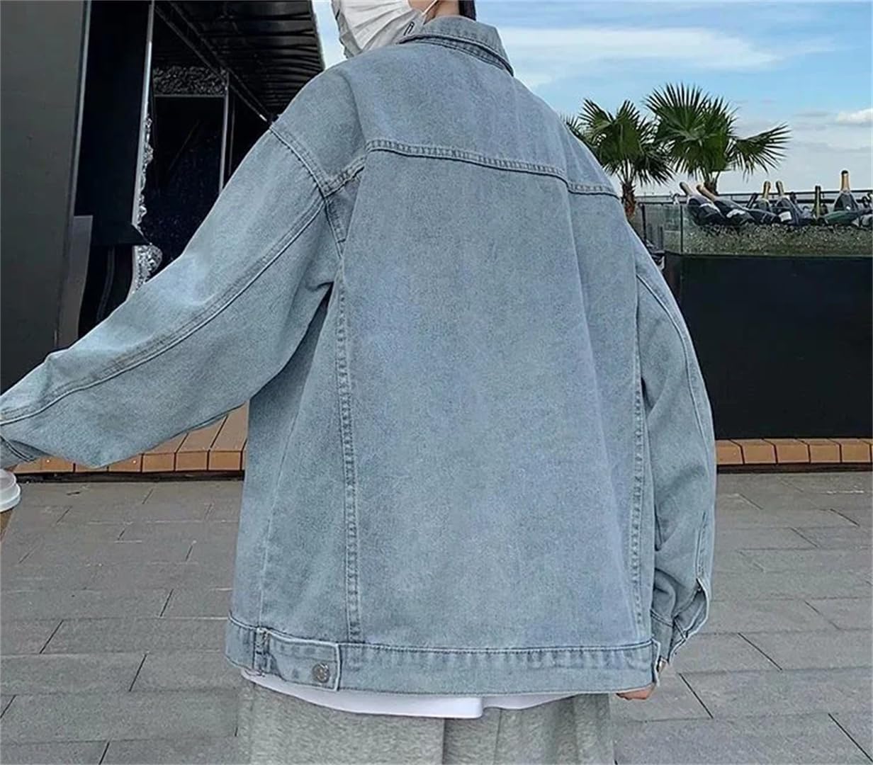 Men's Single Breasted Blue Denim Jacket Retro Loose Fit Outerwear Long Sleeve Coat For Casual Occasions
