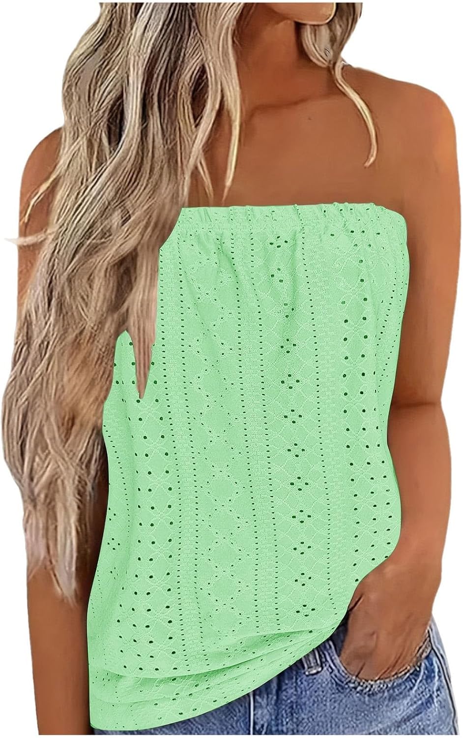 Women's Summer Tube Tops Casual Strapless Eyelet Bandeau Tanks Cute Off Shoulder Tunic Shirts Flowy Vacation Blouses