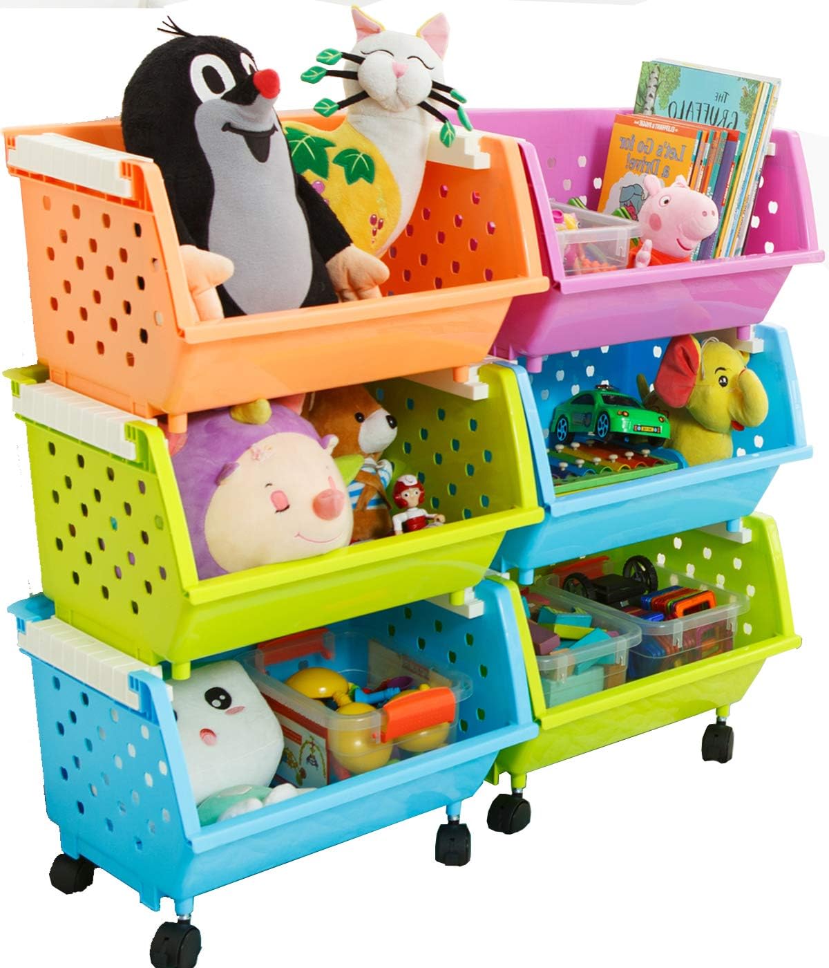 MAGDESIGNERKids' Toys Chest Large Baskets Storage Bins Organizer with Wheels Can Move Everywhere Natural/Primary (Primary Collection) (6 Baskets Choose)