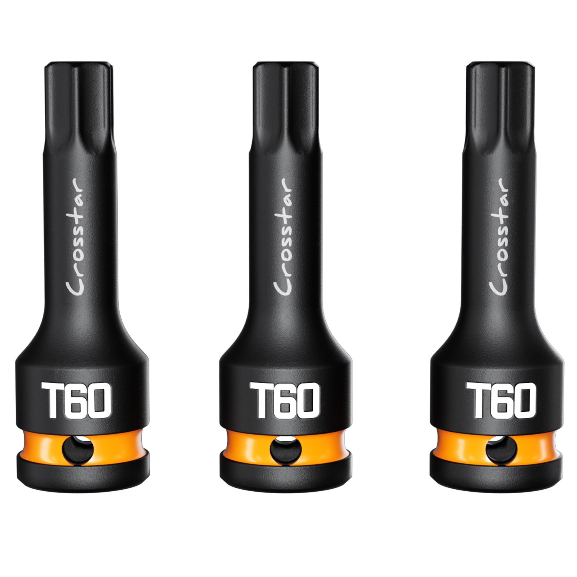 Crosstar 3pcs T60 Impact Torx Bit Socket Set, 1/2" Drive Cr-Mo Steel, Long High Impact Star Sockets for Automotive &amp; Heavy-Duty Use, Professional Mechanic Tools with Transparent Case