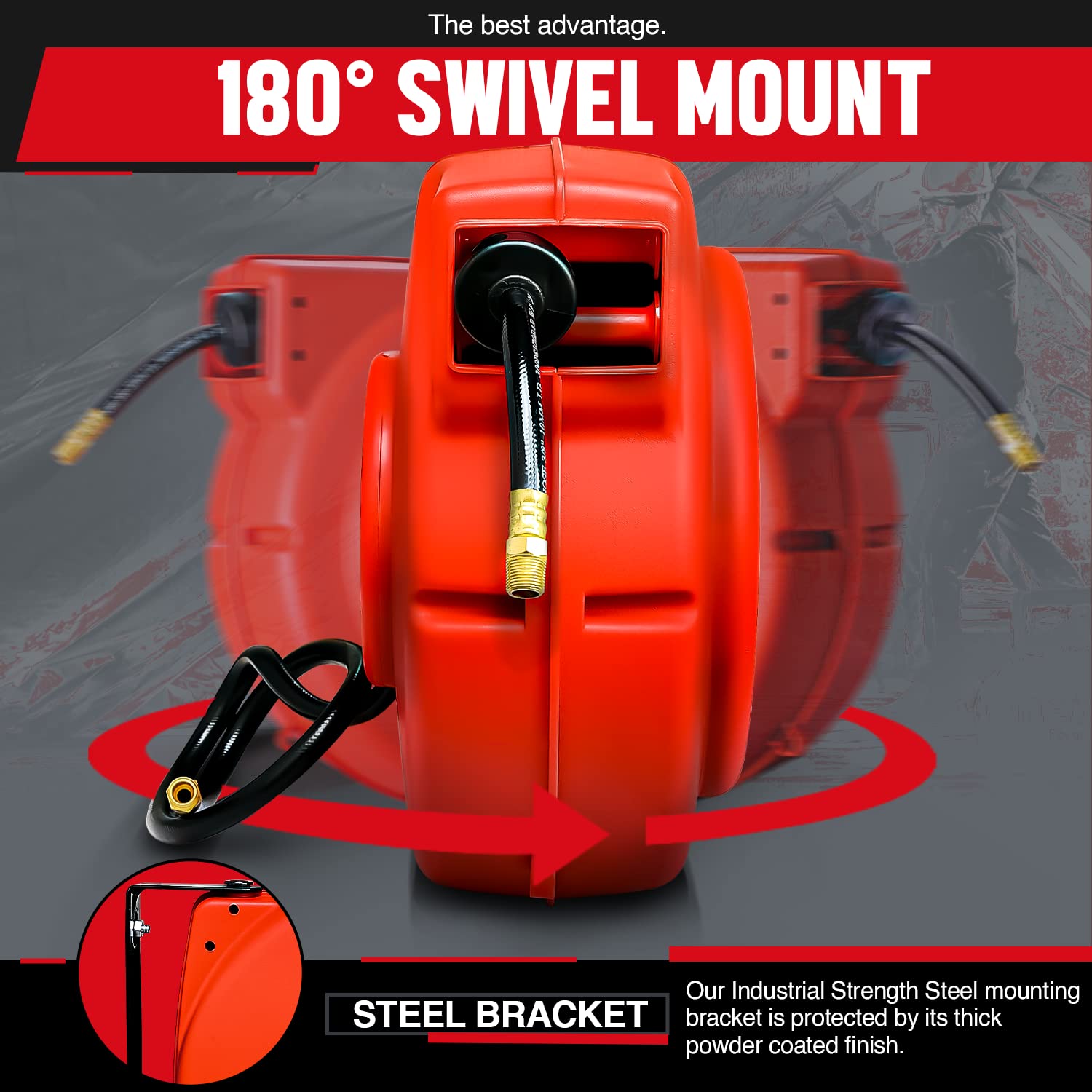 REELWORKS Air-Water-Hose-Reel Retractable 3/8" Inch x 50’ Feet Premium Commercial Flex Hybrid Polymer Hose Max 300 PSI Heavy Duty Polypropylene Case Construction Industrial Spring Driven: Tools & Home Improvement
