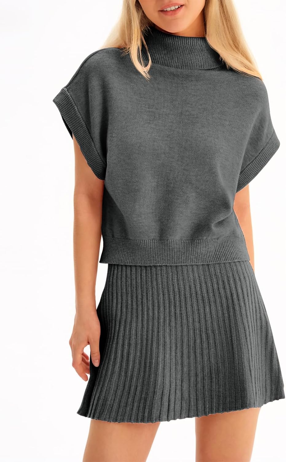 Tankaneo Womens Skirt 2 Piece Sets Sweater Set 2025 Turtleneck Cap Sleeve Crop Top and Pleated Mini Skirt Travel Outfits