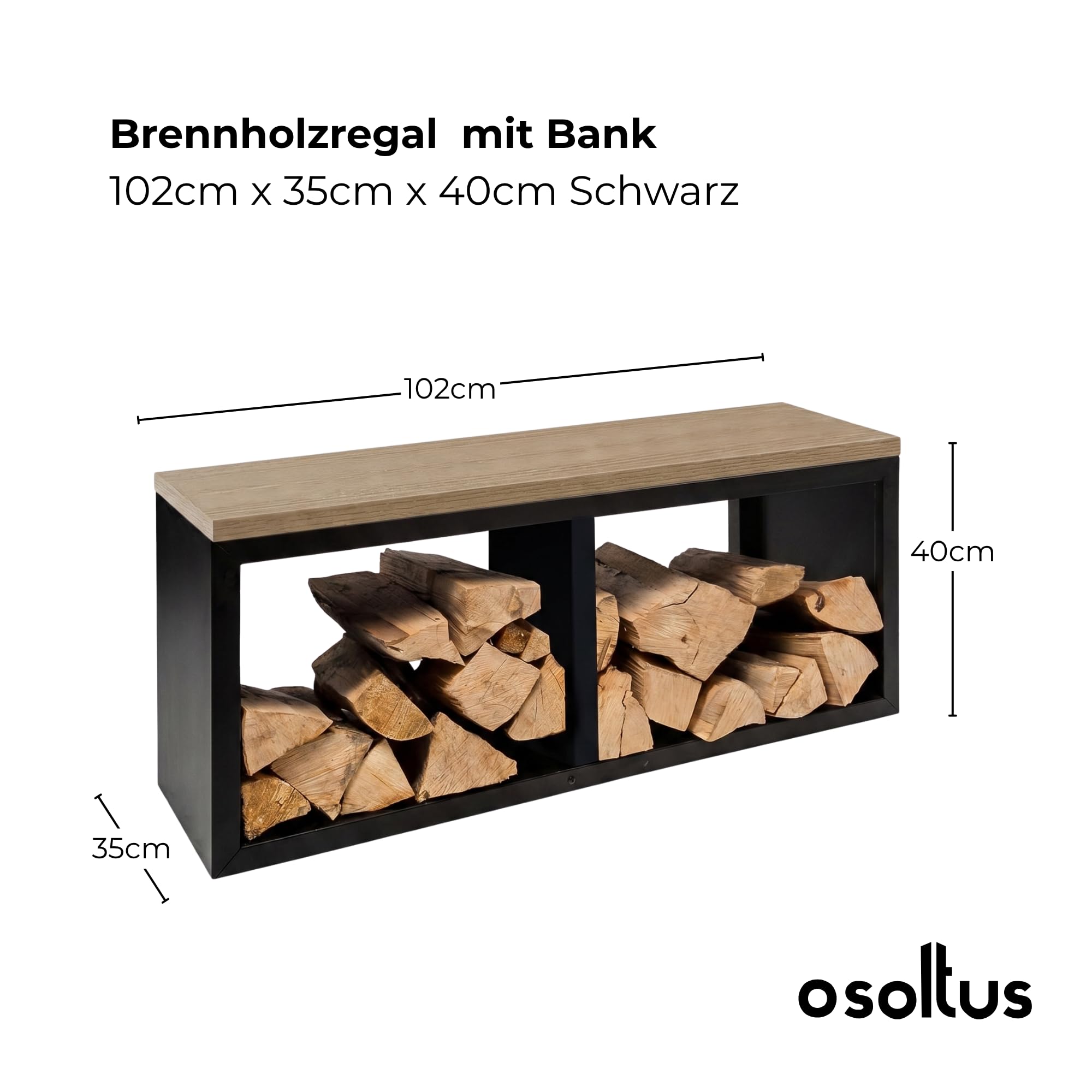 osoltus Brennholzregal Brennholzlager mit Bank 102cm x 35cm x 40cm indoor & outdoor Metall schwarz // holzoptik hochwertig | 2 Fächer