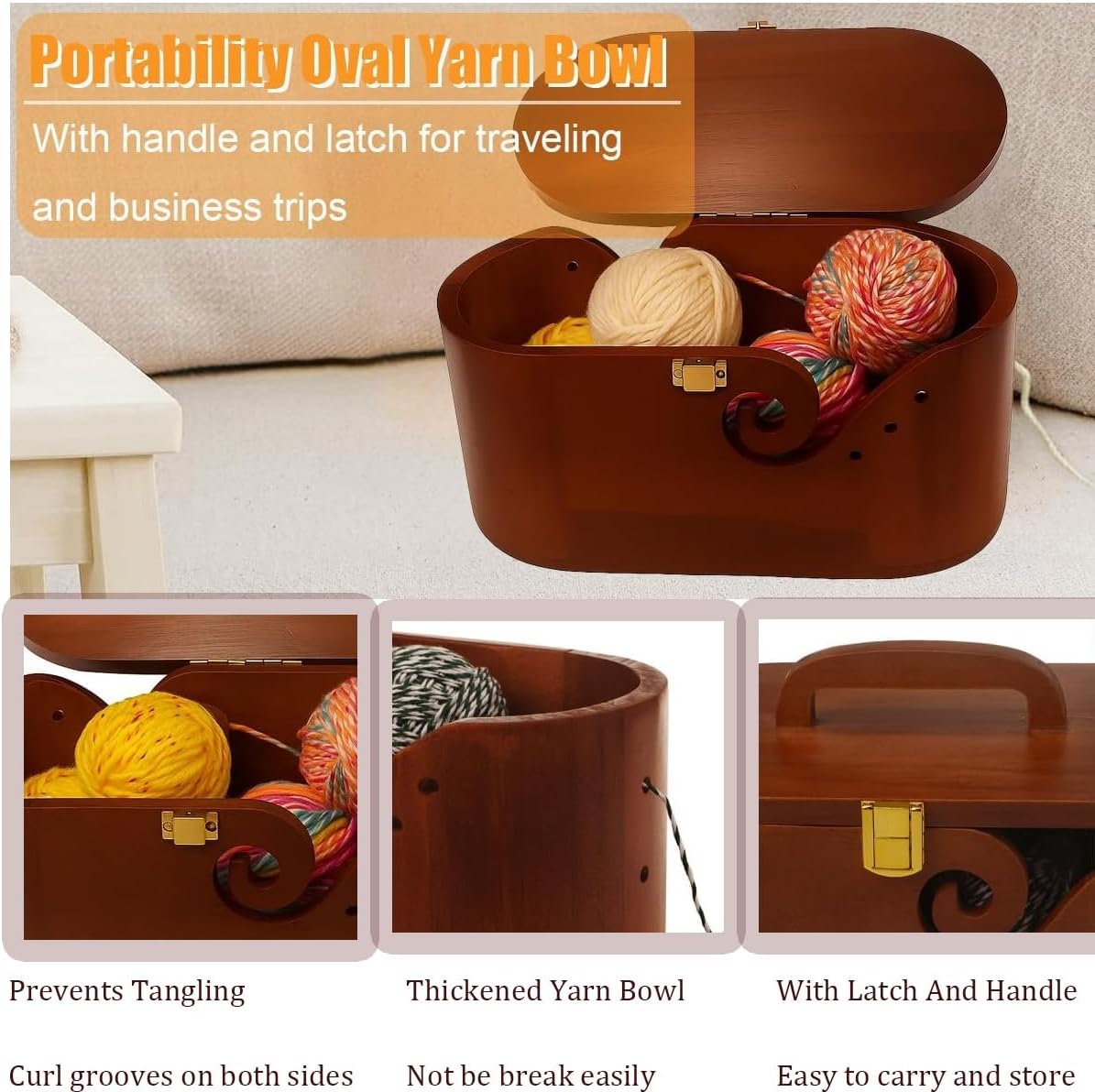 Gift Wooden Yarn Bowls with Lid and Handle for Knitting, Portable Crochet Bowls with 9 Knitting Crochet Hooks, 5 Hooks, Yarn Ball, Complete Set for Beginners, Enthusiasts