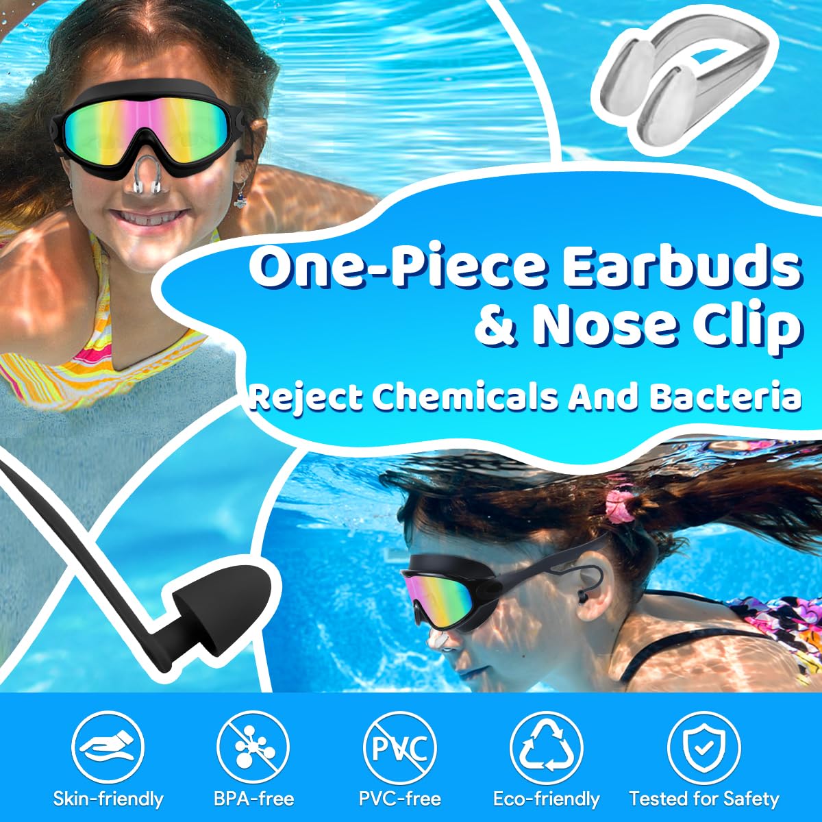 Vvinca Gafas de natación para niños con tapones para los oídos y clip para la nariz, visión amplia, antivaho, gafas de natación UV para niños y niñas de 3 a 15 años