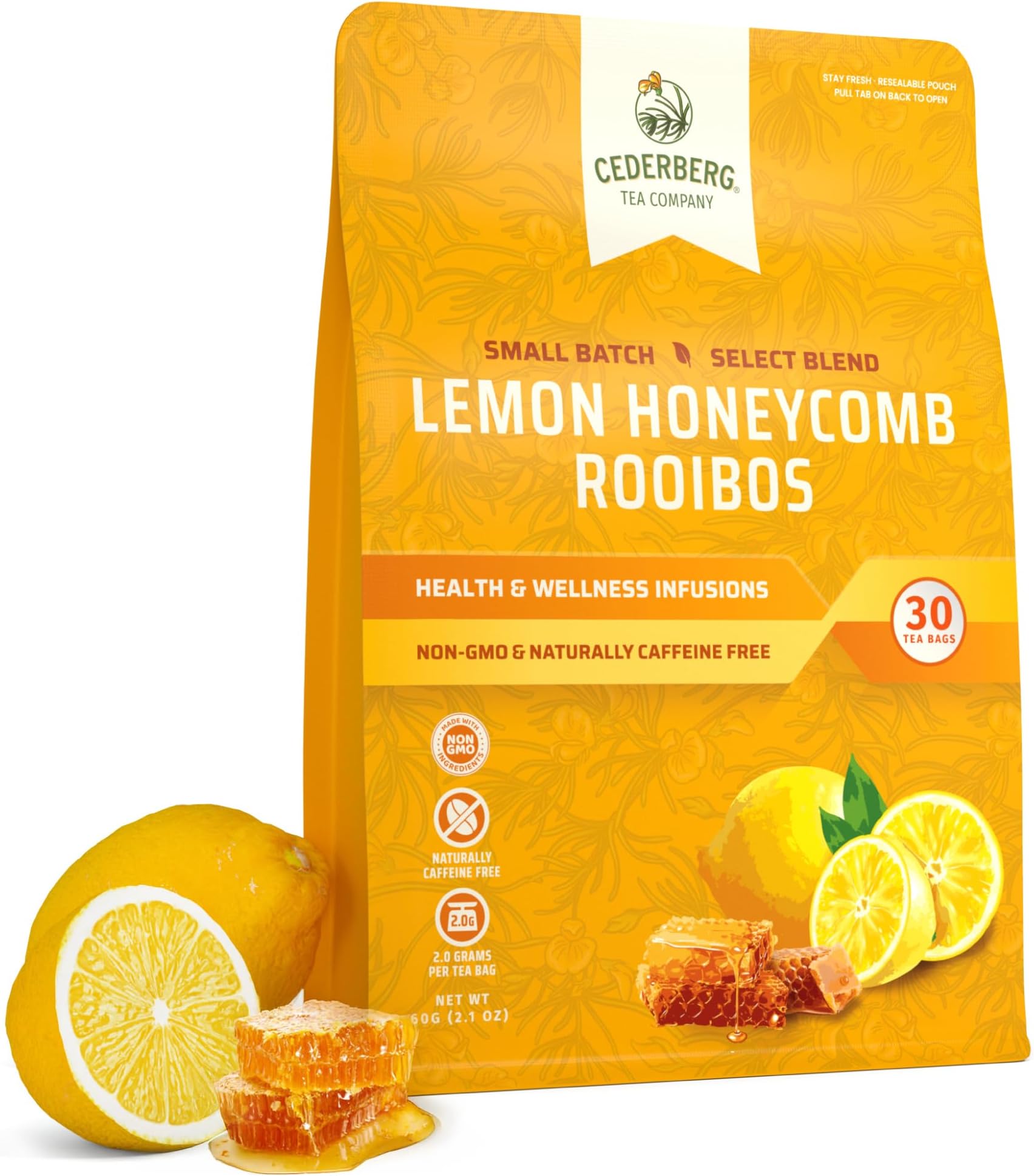 Cederberg Tea Company Lemon Honeycomb Rooibos Tea Bags - Made with Organic Red Rooibos Tea, South African Herbal Tea, Naturally Caffeine Free Tea, Small Batch - Select Blend Non-GMO, Premium Leaf, Antioxidant-Rich, 30 Count