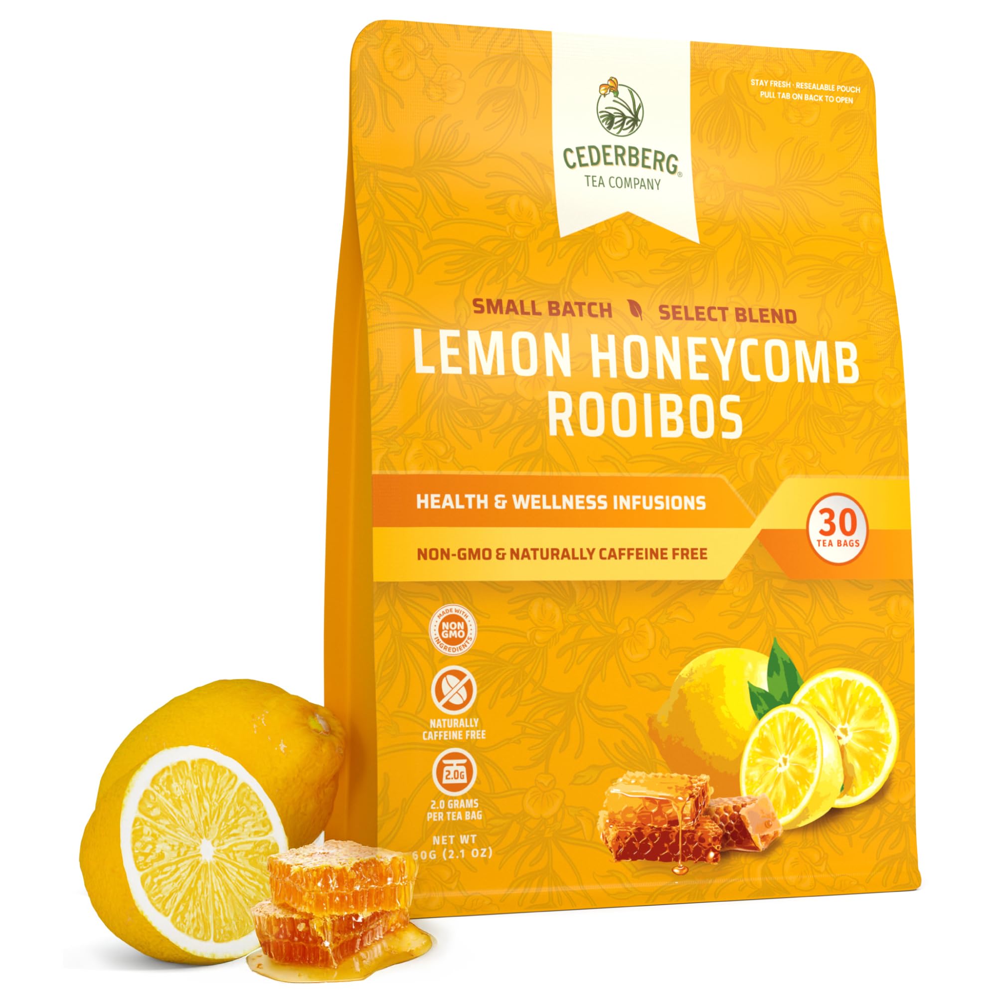 Cederberg Tea CompanyLemon Honeycomb Rooibos Tea Bags - Made with Organic Red Rooibos Tea, South African Herbal Tea, Naturally Caffeine Free Tea, Small Batch - Select Blend Non-GMO, Premium Leaf, Antioxidant-Rich, 30 Count