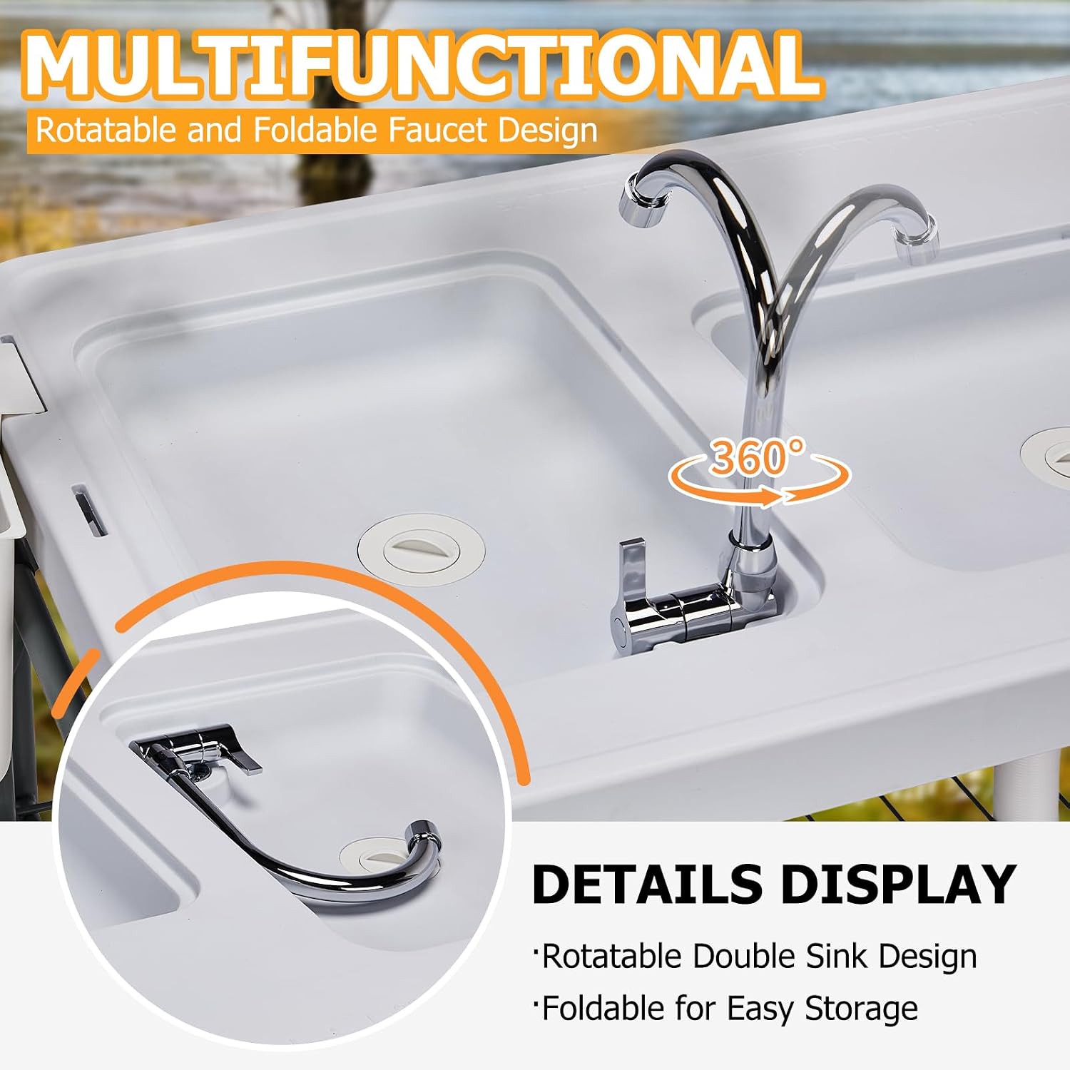 Outvita Fish Cleaning Table, 42.5" HDPE Outdoor Fish Cleaning Station with Sink, Extended Grid and Trash Can, 360° Stainless Steel Faucet, Drainage Hose, Working Platform for Camping, Food Handling