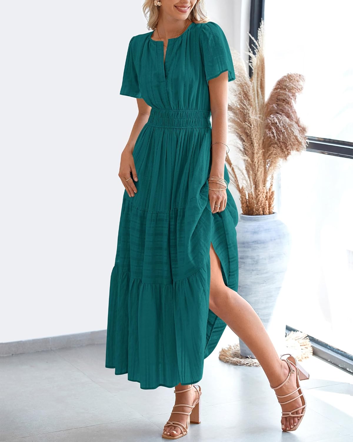 BTFBM Womens Summer 2026 Casual Midi Maxi Dresses Lightweight Short Sleeve V Neck Elastic Waist Boho Beach Dress Pockets - Image 8