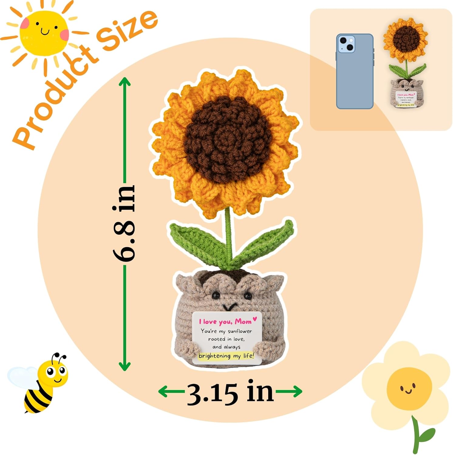 New Mom Gift – Sunflower Crochet Doll with 'I Love You Mom' Quote Card (7.4"x3.4") – Handmade Gift for Mom, Perfect for Mother's Day, Birthday & Any Occasion - Image 2