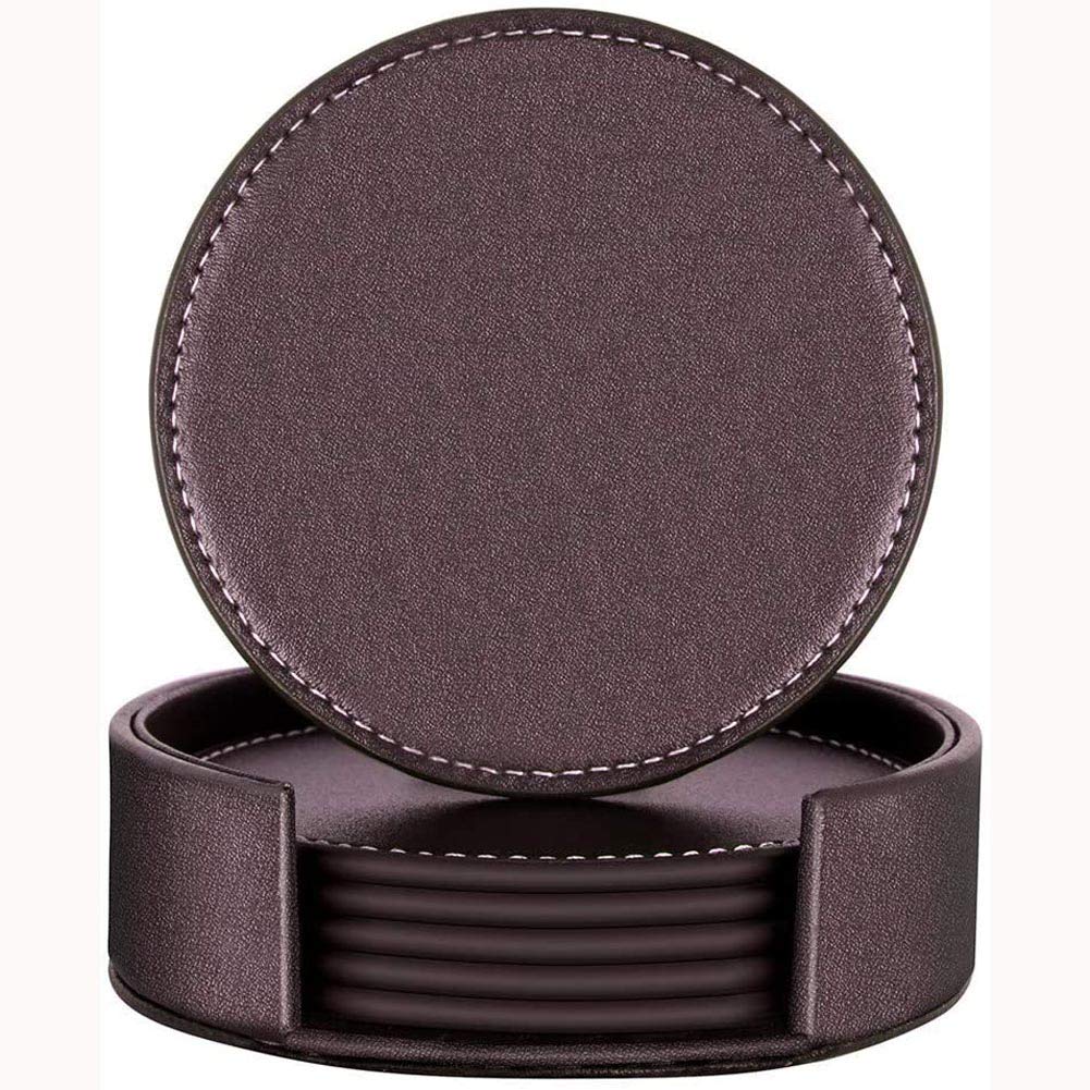 Leather Coasters, Set of 6 PU Coaster Set with Holder, Protect Furniture From Water Marks Scratch and Damage (Brown)