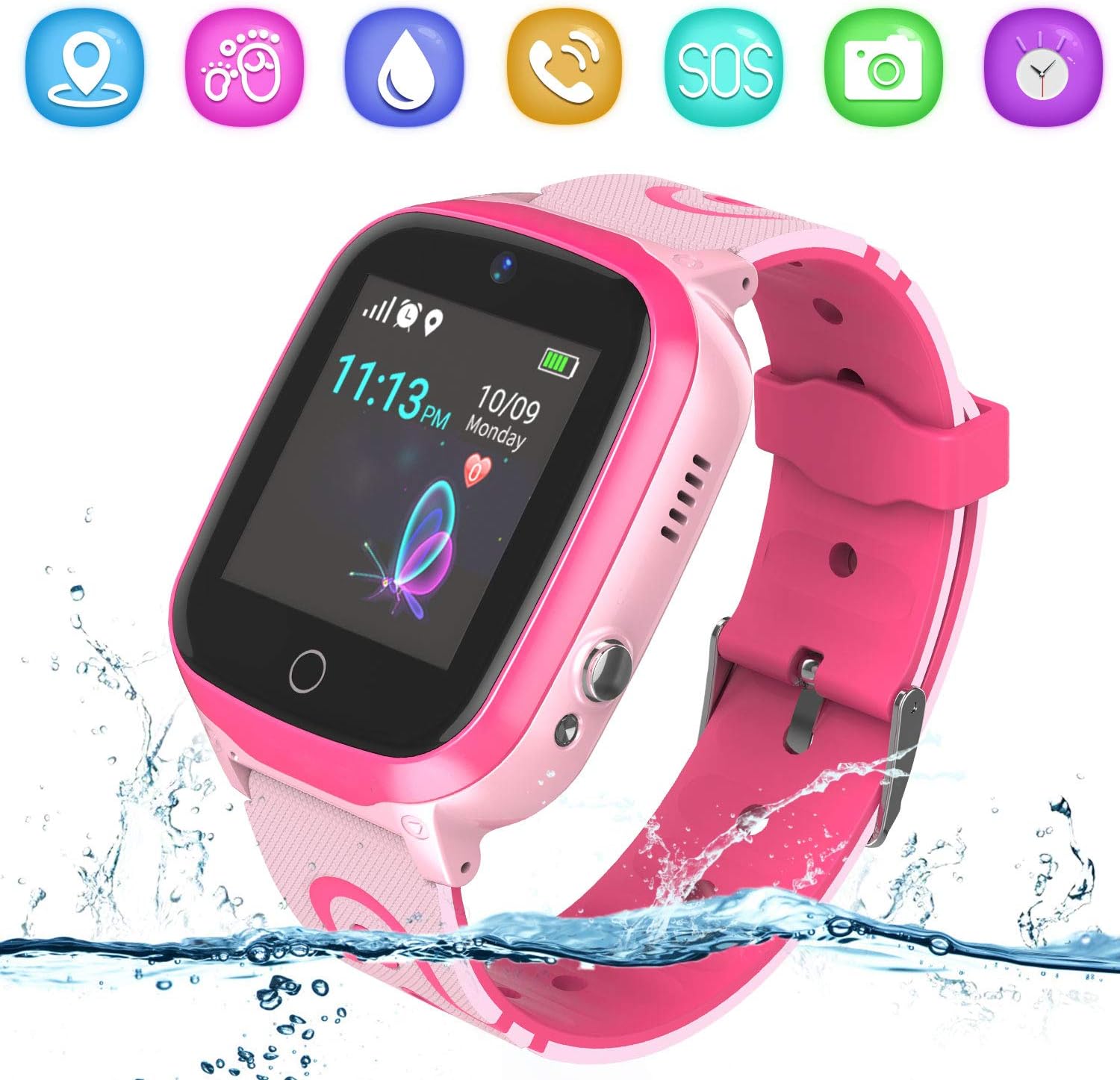GPS Kids Smart Watch Phone – Tracker Smartwatch with Pedometer SOS Calling Voice Chat Alarm Clock Camera Game Touch Screen Gifts for Boys Girls(Pink)