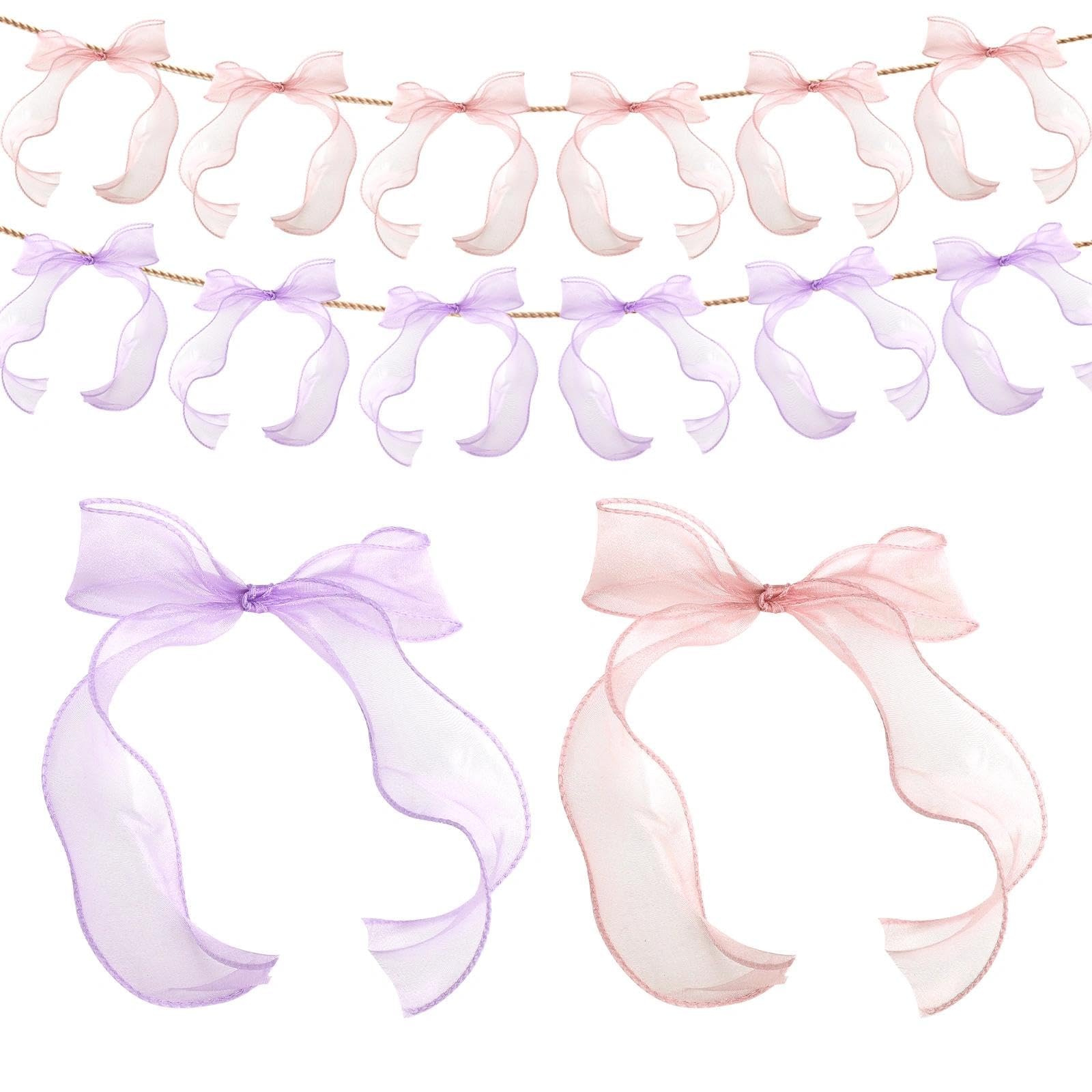 UOCAI 2 Pcs Bow Garland Bow Banner Pink Bows Birthday Decorations Tulle With 24 Bows Bowknot for Wedding Bachelorette Birthday Baby Shower Party Decorations Indoor Outdoor Garden Decor, Pink, Purple