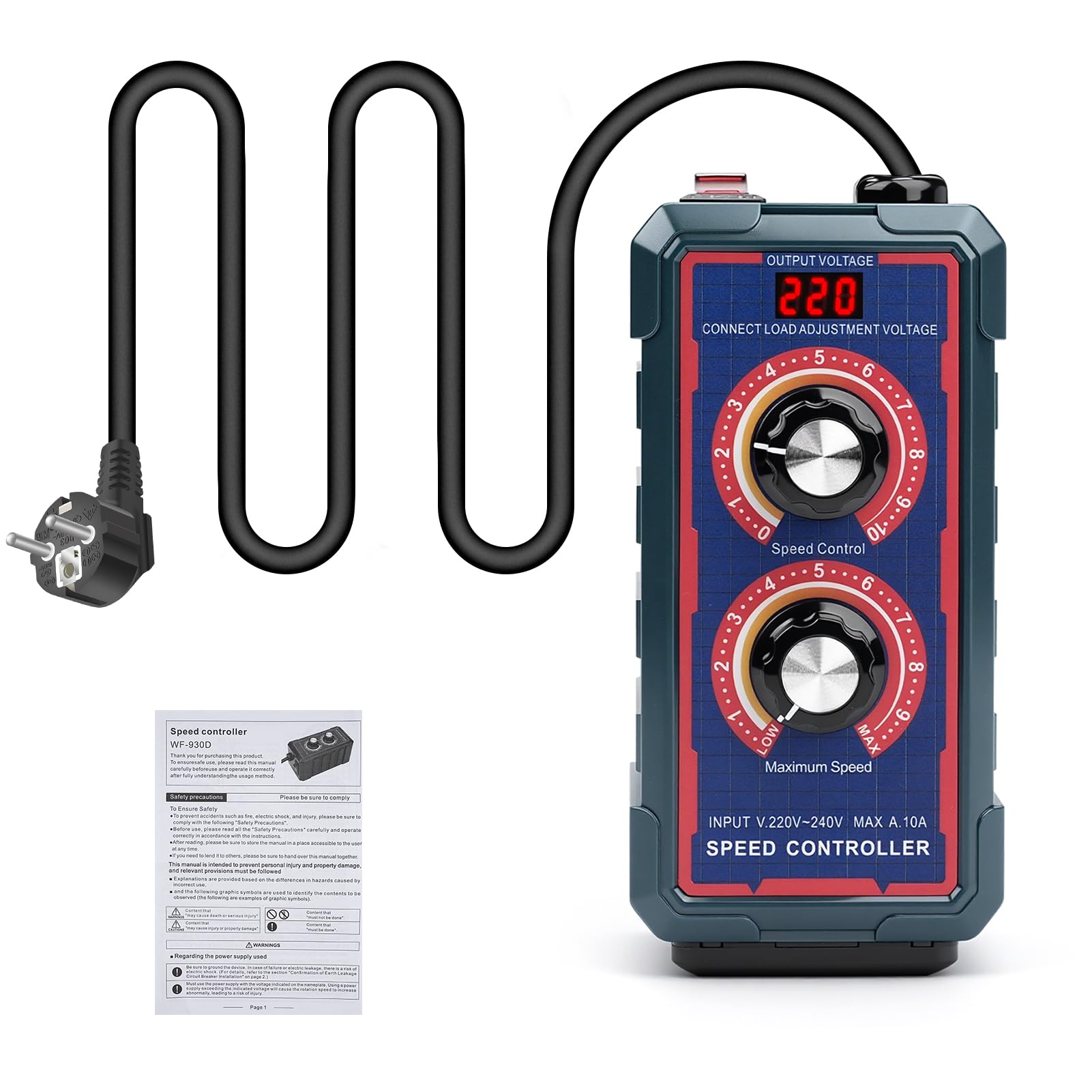 Drehzahlregler 230V Motor Spannungsstabilisator 230V AC Spannungsanzeige 2000W (ohmsche Last) 600W (induktive Last) Stufenloser Drehzahlregler für Winkelschleifer Gebläse Abluftventilator EU Stecker