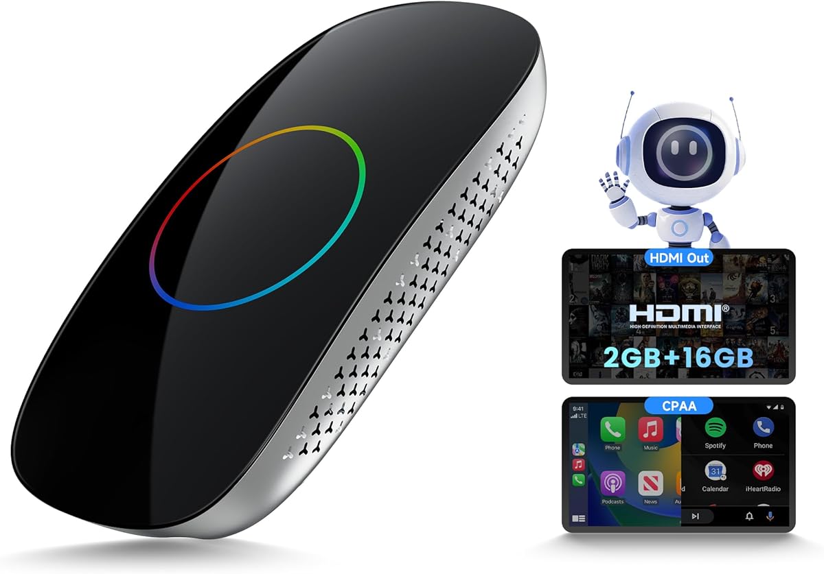 Magic Box - AI Box CarPlay Android Auto Wireless 2GB+16GB, Support YouTube, Netflix, Prime Video, Disney+, Spotify w/HDMI Output, Dual Wi-Fi & BT (5.4 & 4.2), USB Playback, AI-Powered, OTA