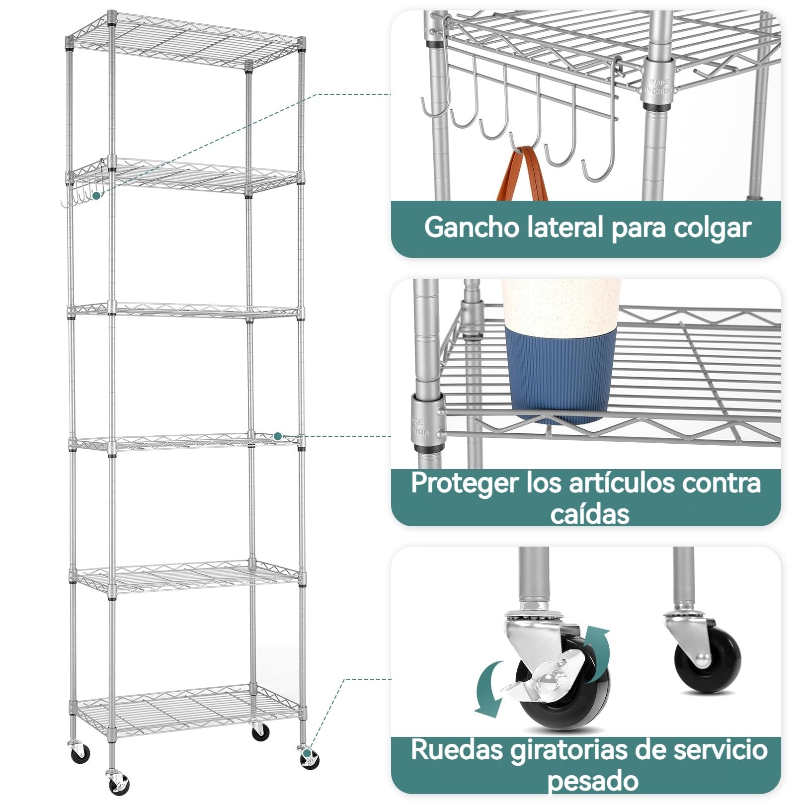 Himimi Estantería de Alambre de 6 Niveles con Ruedas, Altura Ajustable, Estante de Almacenamiento de pie Resistente con Gancho para baño, Cocina, Garaje, Dormitorio, Color Plateado