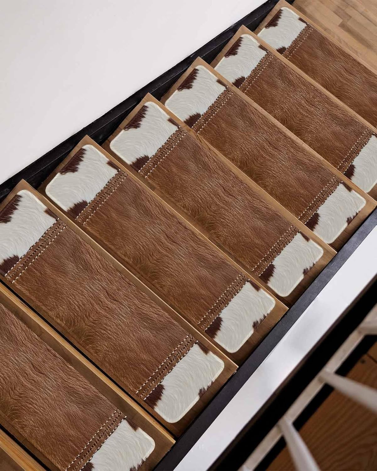 Stair Treads for Wooden Steps Indoor, Western Cow Leather Texture Staircase Step Treads Non Slip Carpet Stair Runner for Kids Elders Dogs Pets, Abstract Brown White Cow Print Washable Mat 7 Pack