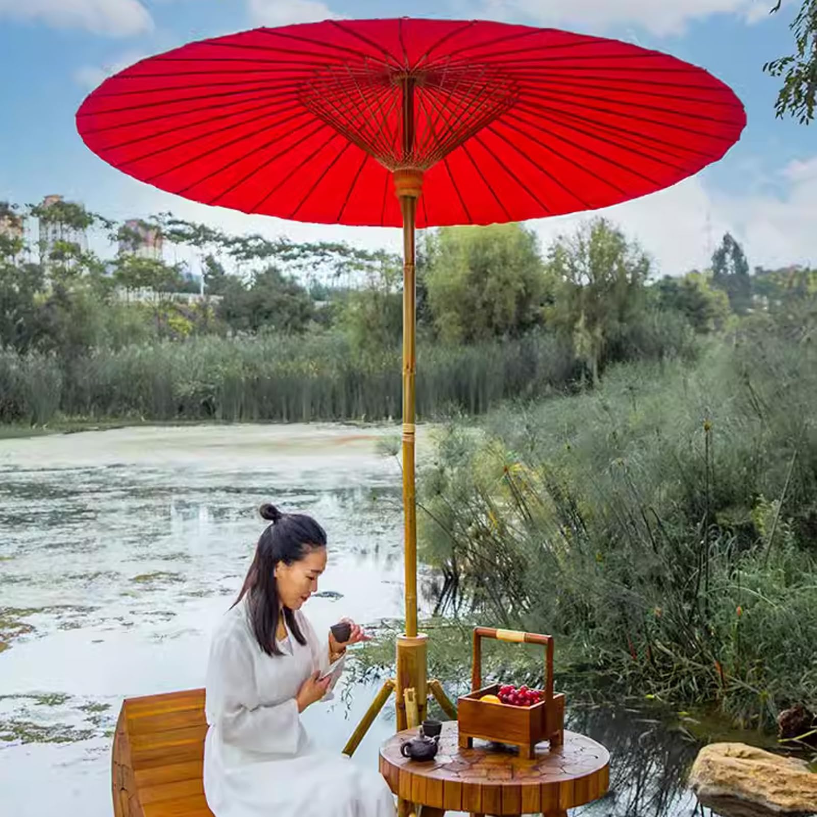200 cm bambusowy parasol ogrodowy Shanghai, okrągły parasol ogrodowy w stylu retro Oil Paper, wodoodporny składany parasol ogrodowy