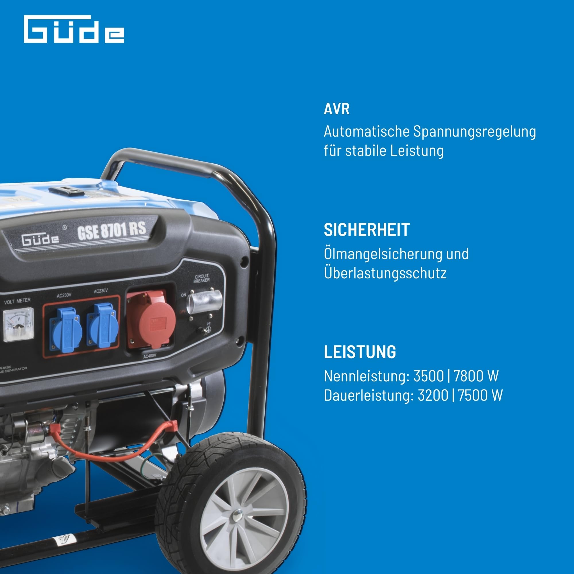 GÜDE GSE 8701 RS - Generatore 7800W con maniglia e ruote per il trasporto