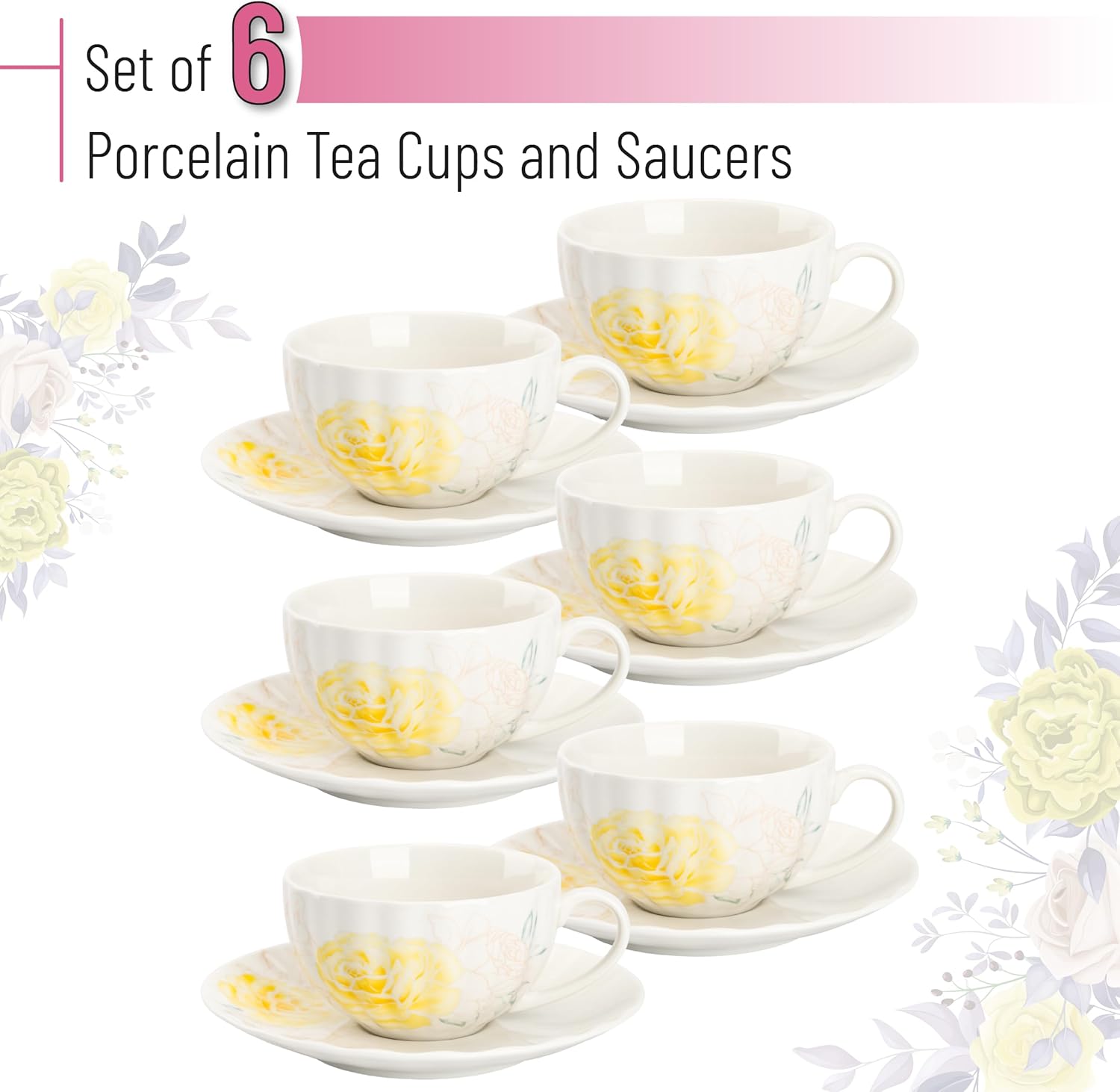 BTaT- Floral Tea Cups and Saucers Set, 7 oz, Set of 6, Porcelain Tea Cups with Saucers, Dishwasher Safe, Coffee Cup & Saucer for Women, Wedding Gift, Parties & Gifting