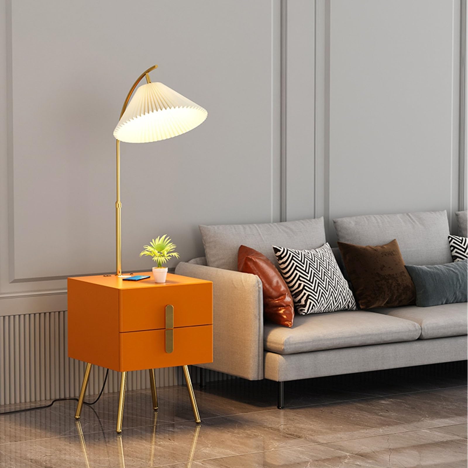 Lampy stalowe Połączenie stołu i lampy z lampą LED, nowoczesne lampy stojące z połowy wieku, nowoczesna lampa stojąca do sypialni, salonu, dekoracji biura (pomarańczowy)