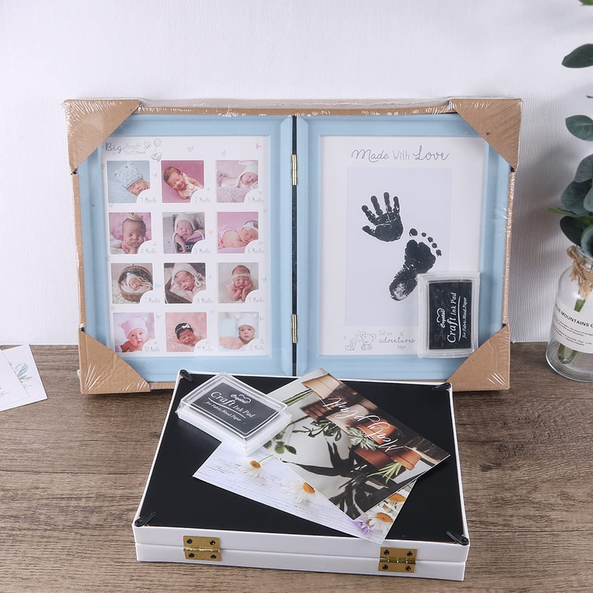 LEcylankEr Impronta Mani e Piedi Neonati, Portafoto 12 Mesi Regalo Battesimo Bimbo,Cornice per Foto Pieghevole a Due Vie con Tampone di Inchiostro Ricaricabile Nero (blu)