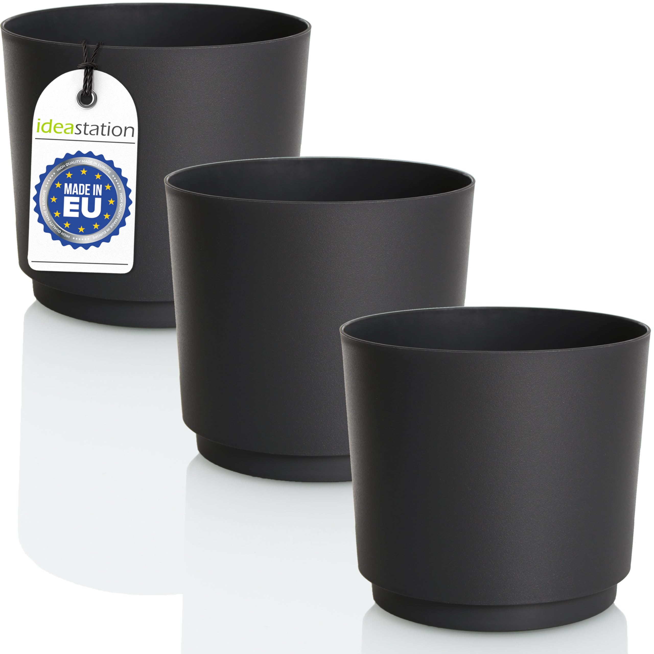 Mata - Juego de 3 macetas de 14,5 cm – 1,8 litros – Antracita – Macetas irrompibles de plástico para Diferentes Plantas, Flores – Macetas Mate para Interior y Exterior