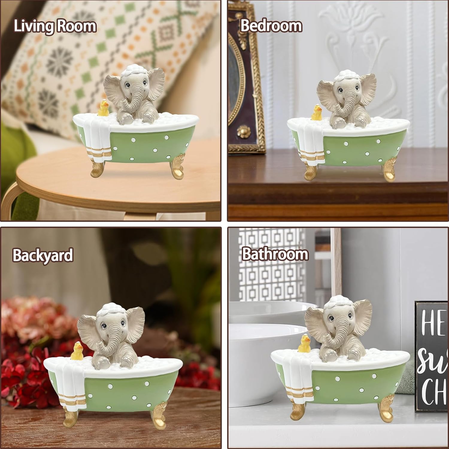 Elephant Figurine Garden Statue Decor, Cute Grey Resin Elephant with a Duck in Polka Dot Bathtub Brings Good Luck, Health, Strength, Housewarming Gifts for Home Bathroom Farmhouse Tiered Tray - Image 5