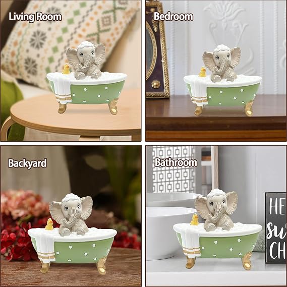 Elephant Figurine Garden Statue Decor, Cute Grey Resin Baby Elephant with a Duck in Polka Dot Bathtub Brings Good Luck, Health, Strength, Housewarming Gifts for Home Bathroom Farmhouse Tiered Tray