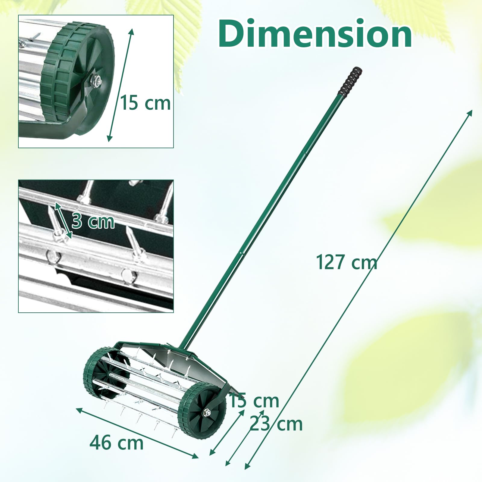 GOPLUS Aérateur de Pelouse à roulettes de 46CM, Rouleau à Pointes Rotatives avec Large Protection, Aération Intensive du Sol pour Jardin, Cour, Patio, Assemblage Rapide, Vert Foncé