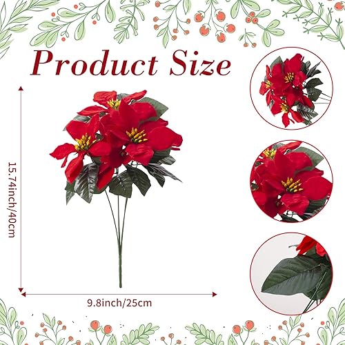 Miniatura 2 de Ramo de flores de Pascua artificiales de Navidad, paquete de 6 unidades, 5 cabezas de 15.7 pulgadas, flores de Pascua de terciopelo rojo para el