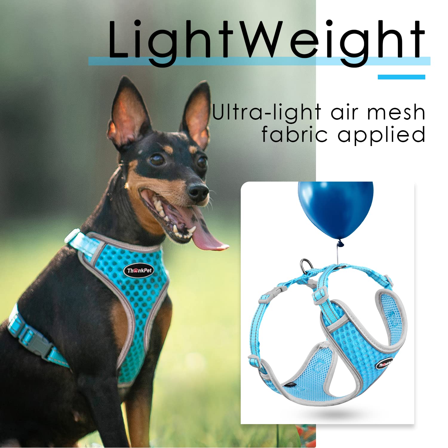 ThinkPet Reflective Breathable Soft Air Mesh No Pull Puppy Choke Free Over Head Vest Ventilation Harness Leash Set for Puppy Small Medium Dogs Light Blue L — view 3