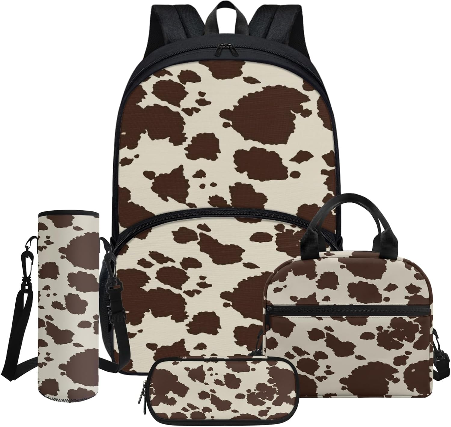 Cute Brown Cow Cowhide Print 4Pcs School Bags Set for Teens Boys Girls Large Capacity Backpack and Lunch Box Set with Water Bottle Holder Bag Pencil Case Middle School Student Bookbag