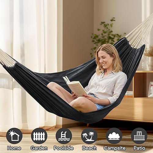 Miniatura 4 de Hamaca de algodón ANYOO, hamacas portátiles para campamento para colgar, hamacas de jardín resistentes, tela cómoda, con correas para árboles,