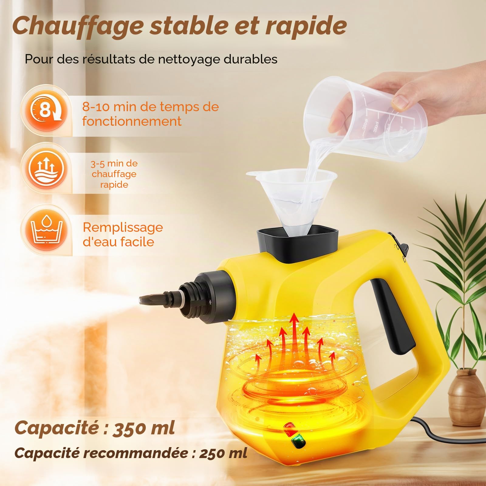 Nettoyeur Vapeur,Nettoyeur Vapeur Portable avec serrure de sécurité et kit d'accessoires de 10 pièces,Steam Cleaner pour Taches sur Vitres,lit,Matelas,Tapis,Voiture,Cuisines（Jaune）