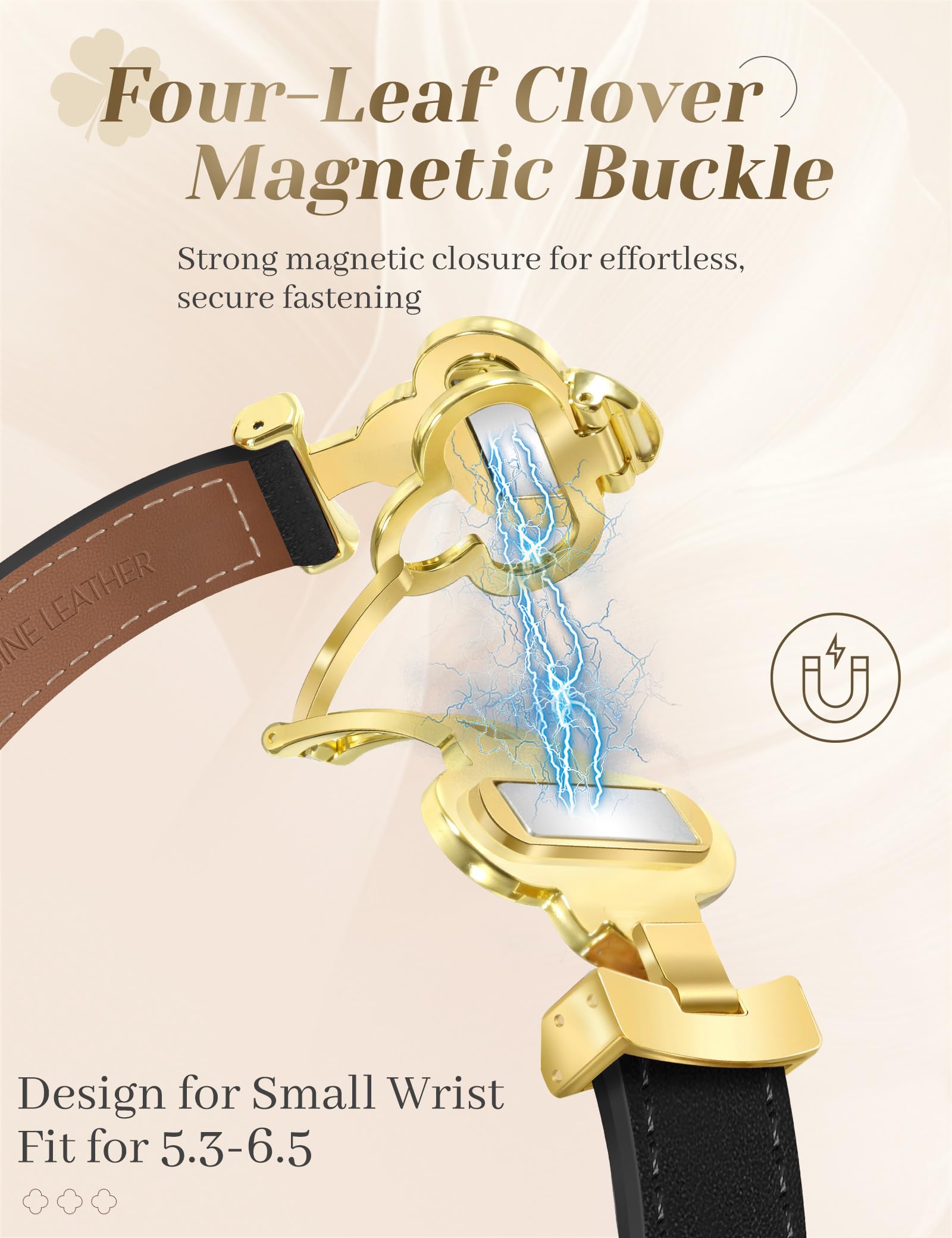 MOINSPIRE Designerschmale Leder-Armbänder für Damen, Glückskleeblatt Hübsches Schickes Magnet-Armband für die iWatch, kompatibel mit Apple Watch Series 11/10/9/8/7/6/5/4/3/2/1 SE 1/2/3 Ultra 1/2/3