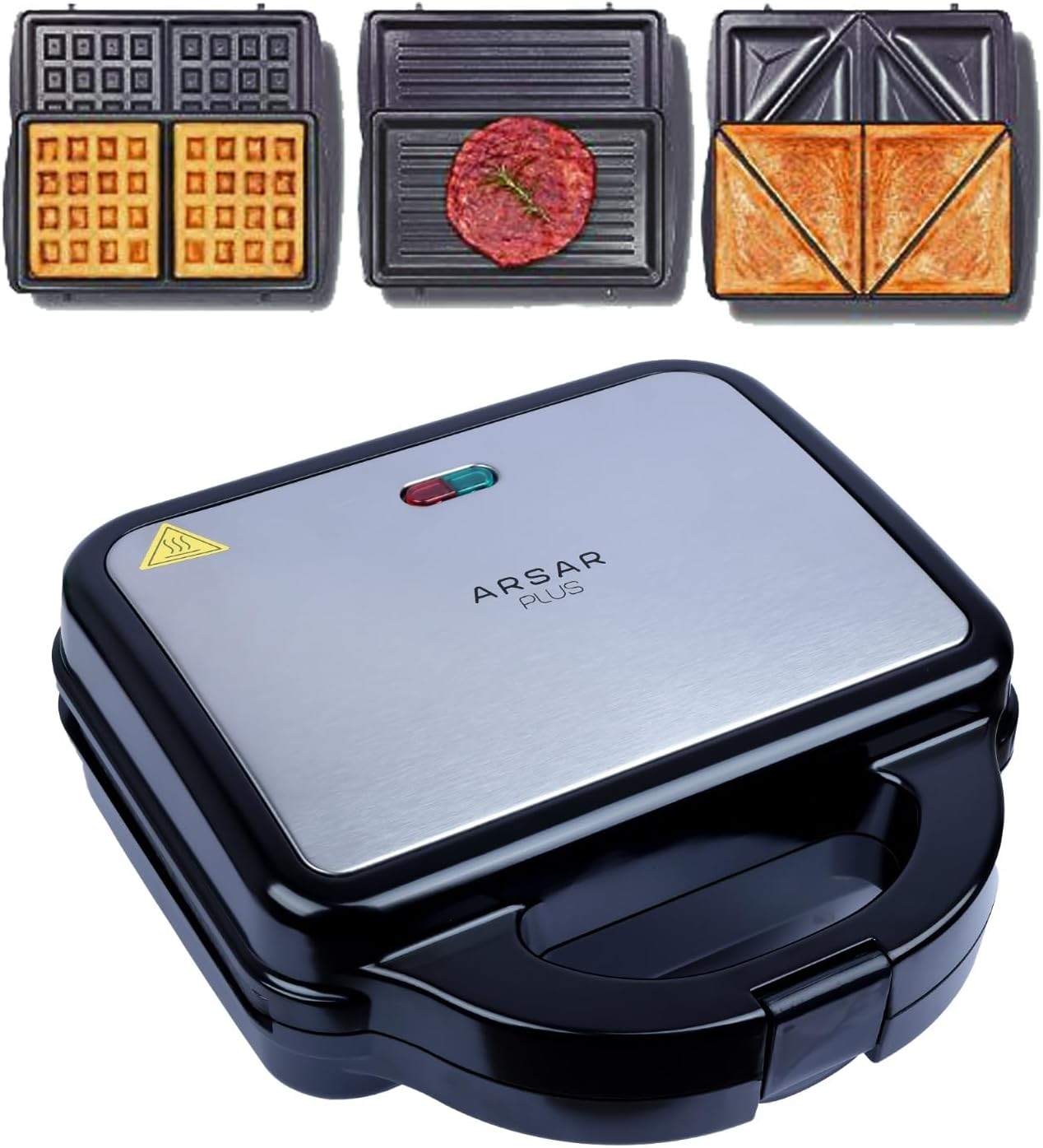 ARSAR PLUS Sandwich Maker 3 in 1 Interchangable 1200W HIGH POWER Double sided Heating Fancy breakfast macine sandwich,stripe,waffle plat