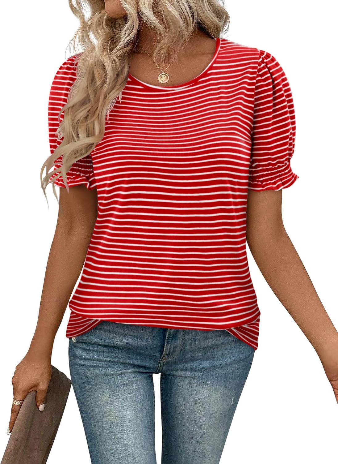 CRAZY GRID Women's Summer Tops Ruffle Short Sleeve 2026 Casual Knit Loose Fit T-Shirt - Image 4