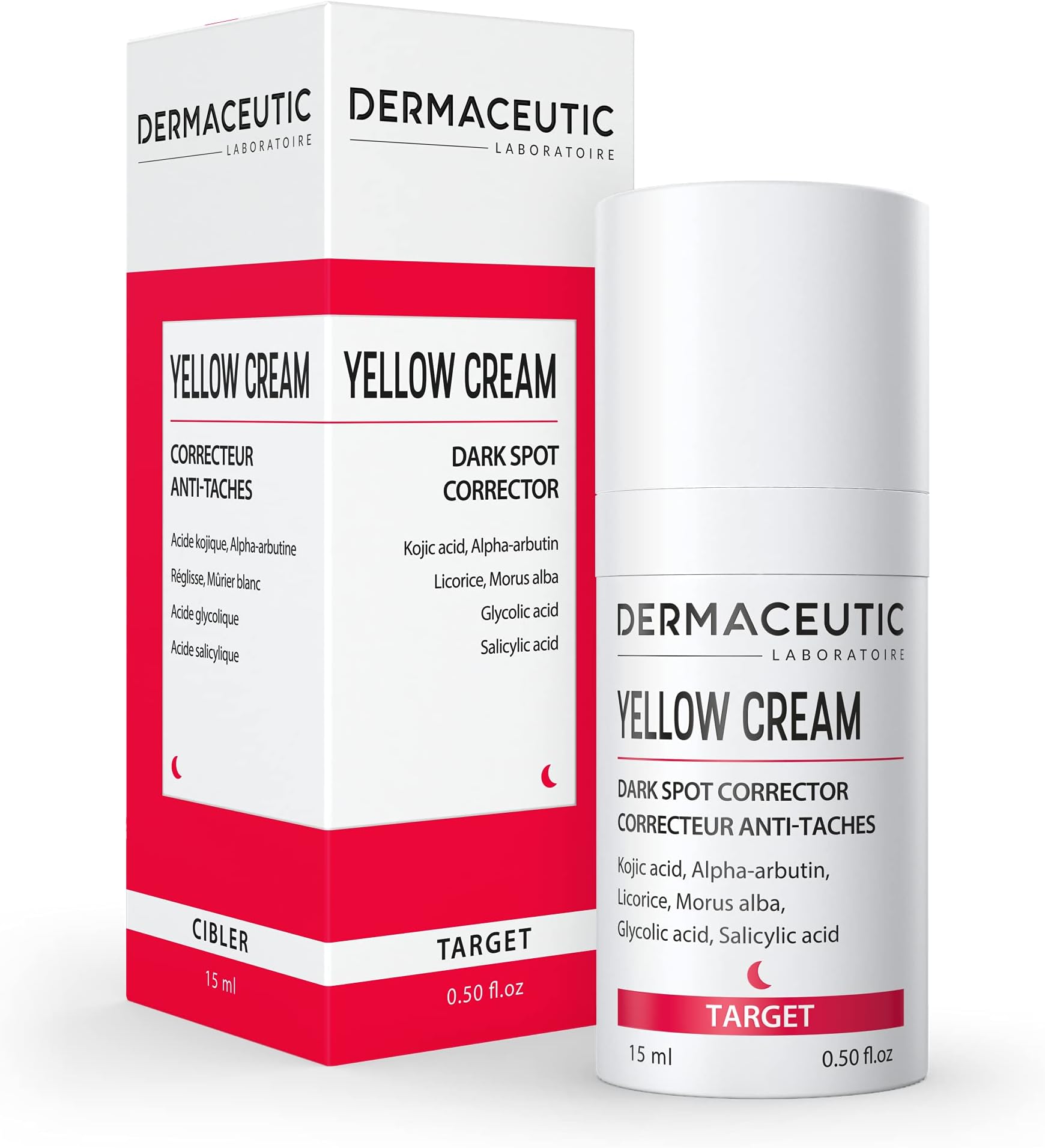 DERMACEUTIC Yellow Cream - Skin Tone Brightener - Lightening face cream for uneven skin tone - Pigmentation cream - Contains Kojic acid, Arbutin, Licorice, Glycolic acid and Salicylic acid - 15ml
