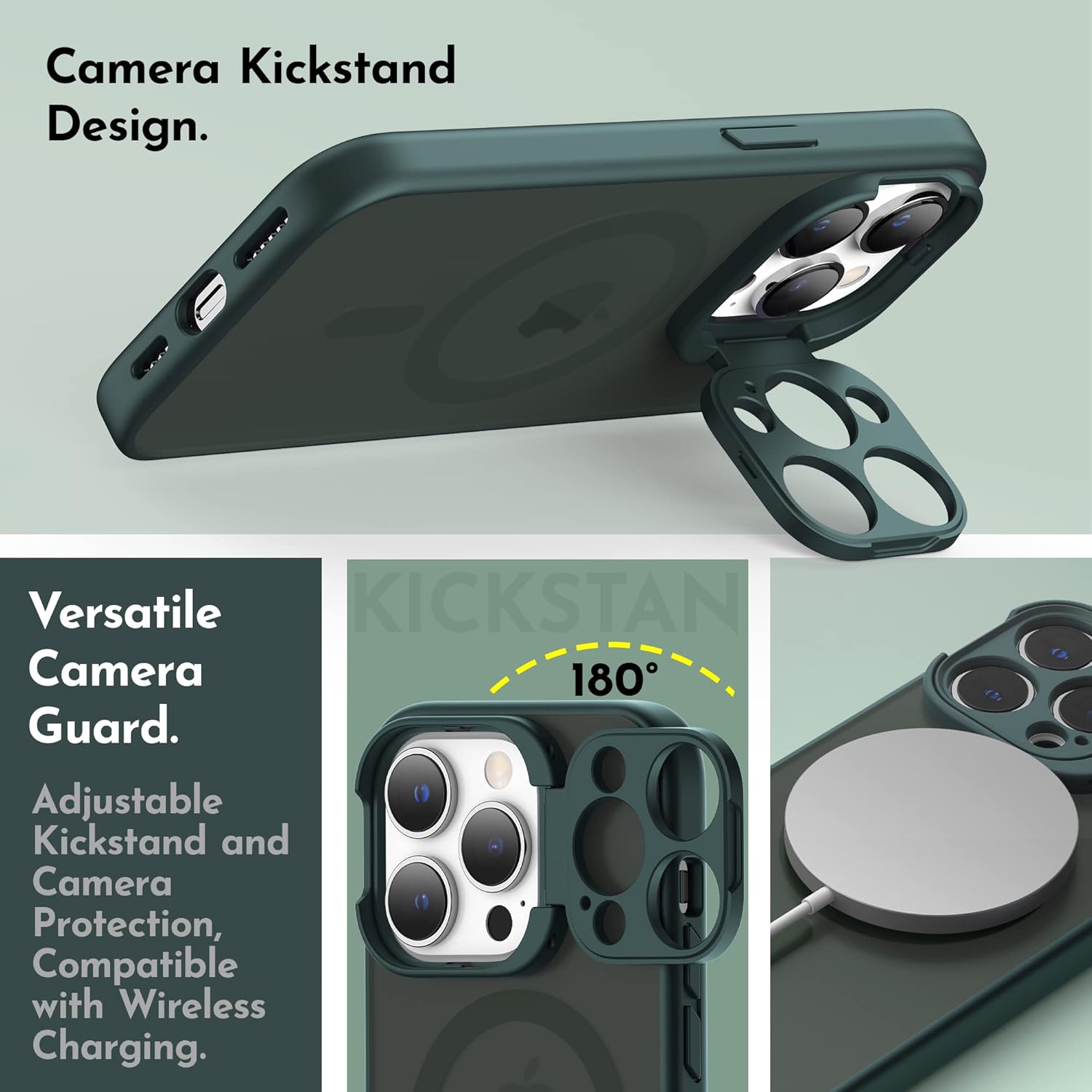 Magnetic for iPhone 14 Pro Max Case with Stand, Camera Kickstand with Screen Protector Compatible with Magsafe Shockproof Translucent Matte Cases 6.7-Inch (2022), Camera Green