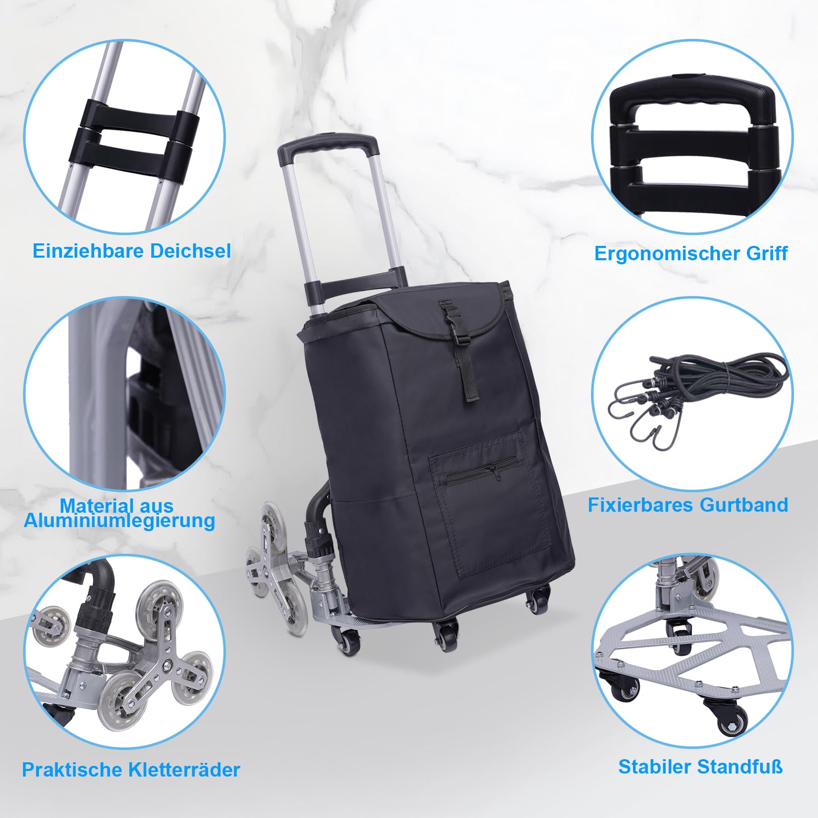 Einkaufstrolley Treppensteiger Sackkarre Bis 75KG, Treppensackkarre Klappbar Extra Langer Teleskopgriff 100cm mit wasserdichte Canvas Tasche Elastisches Seil Stumme Anti-Rutsch-Räder